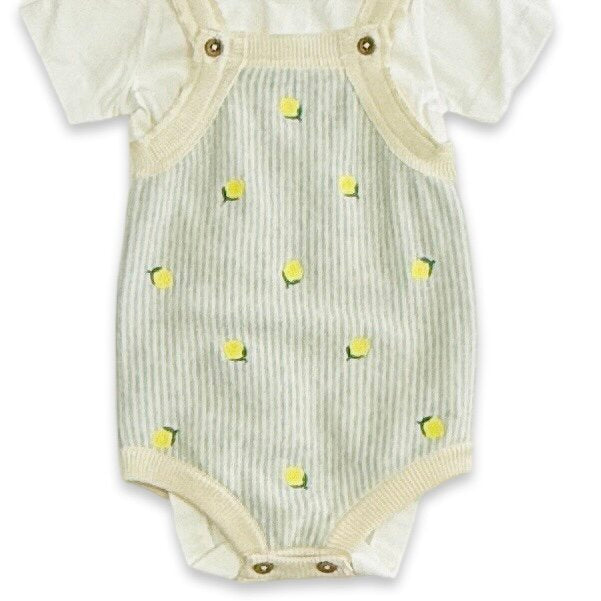 Lemon Stripe Embroidered Knit Baby Romper Set (Organic Cotton)