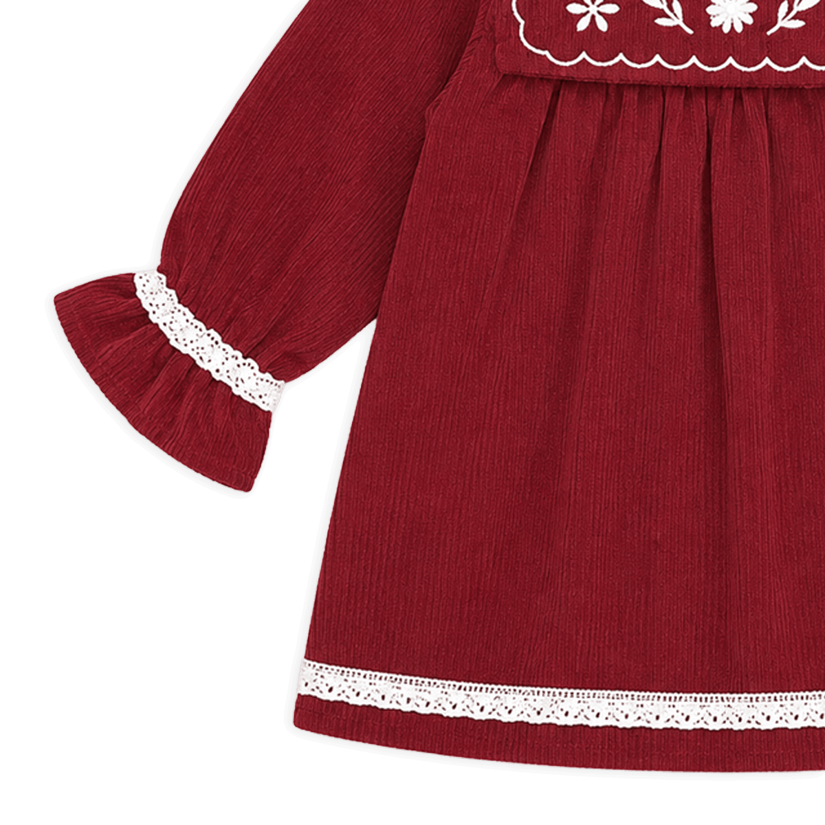 Organic Sailor Collar Embroidered Corduroy Baby Dress, Lace Detail