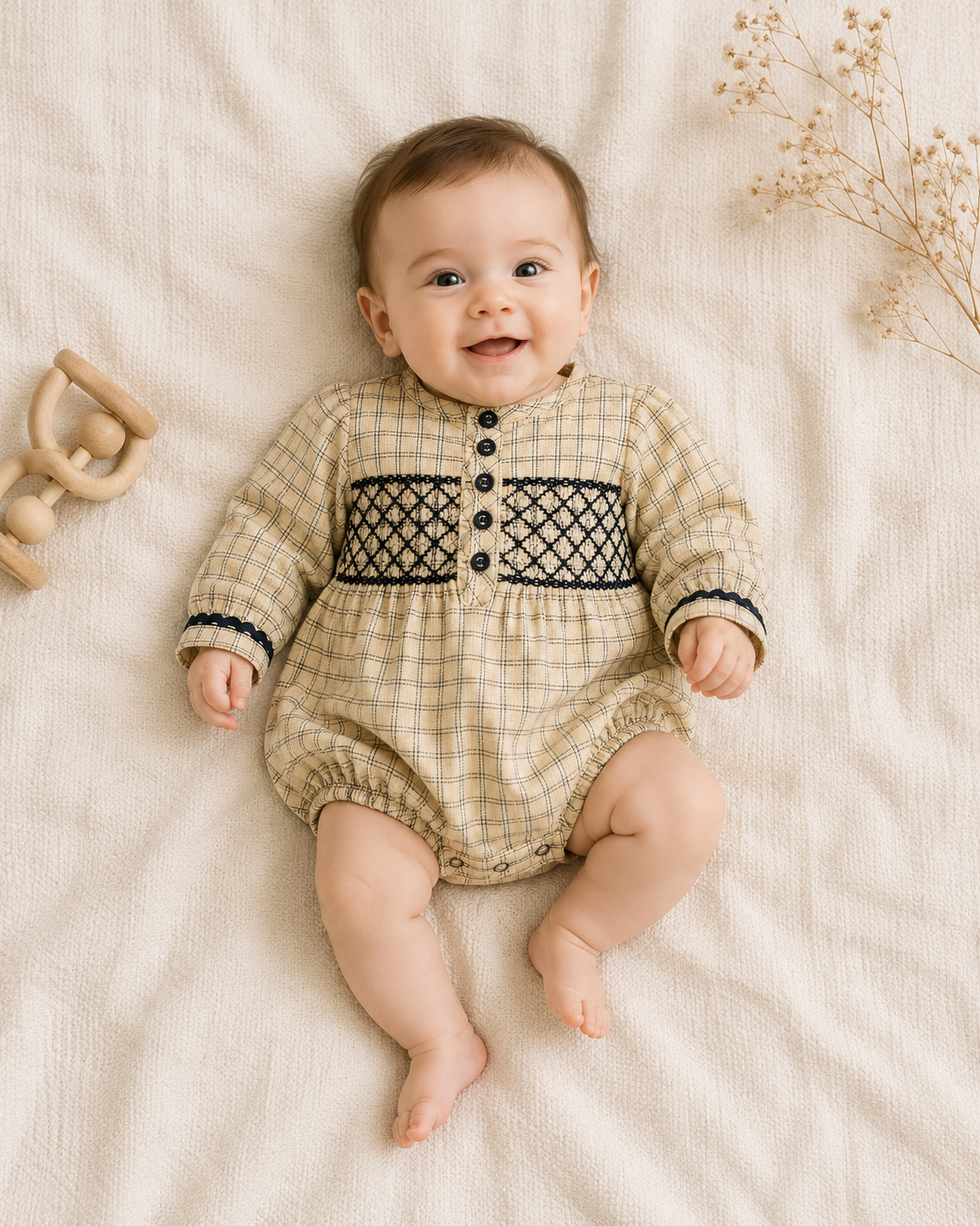 Organic Hand Smocked Gingham Baby Romper