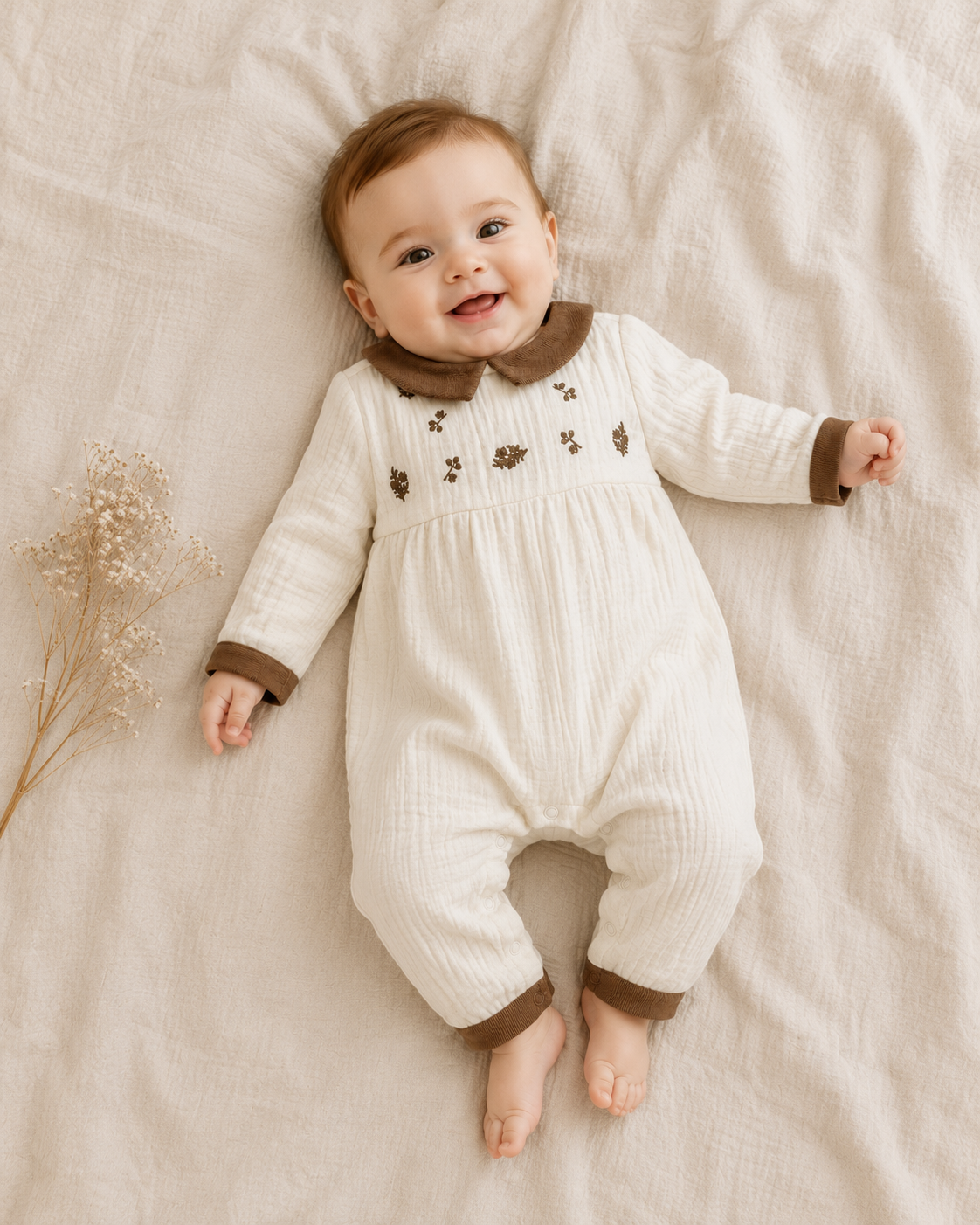 Baby Wearing Organic Embroidered Crinkle Muslin Baby Jumpsuit