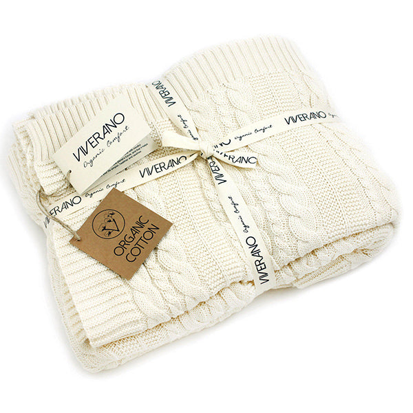 Viverano Organic Cotton Cozy Soft Cable Knit Throw Blanket