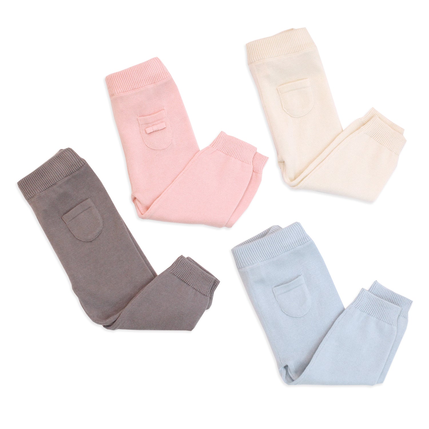Milan Knit Baby Pocket Pants (Organic Cotton) folded for display in Grey, Blush, Cream, and Sky Blue