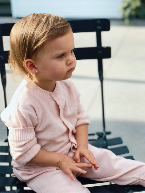 Blush Viverano Organic Cotton Knit Button Cardigan Sweater for Babies, Model Sitting