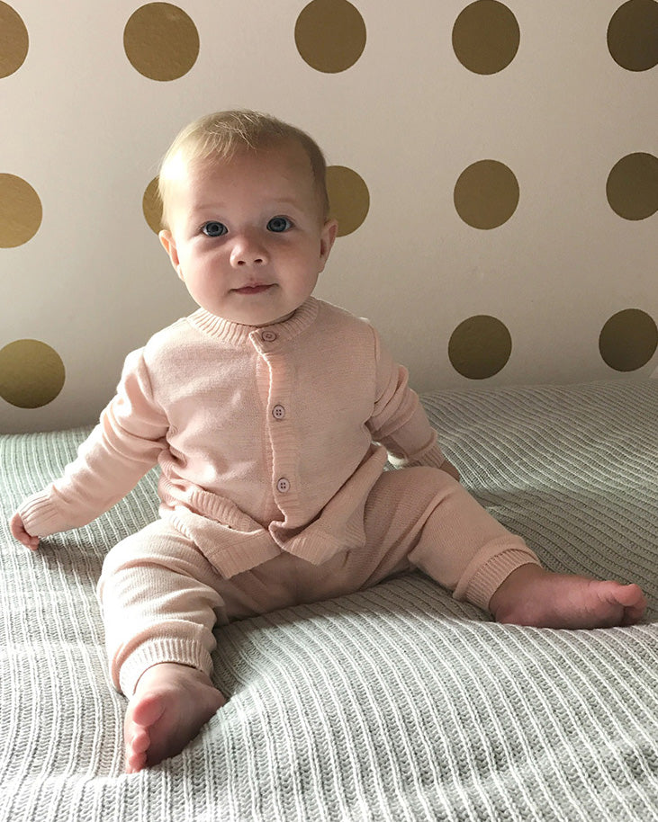 Blush Viverano Organic Cotton Knit Button Cardigan Sweater for Babies, Model Outfit