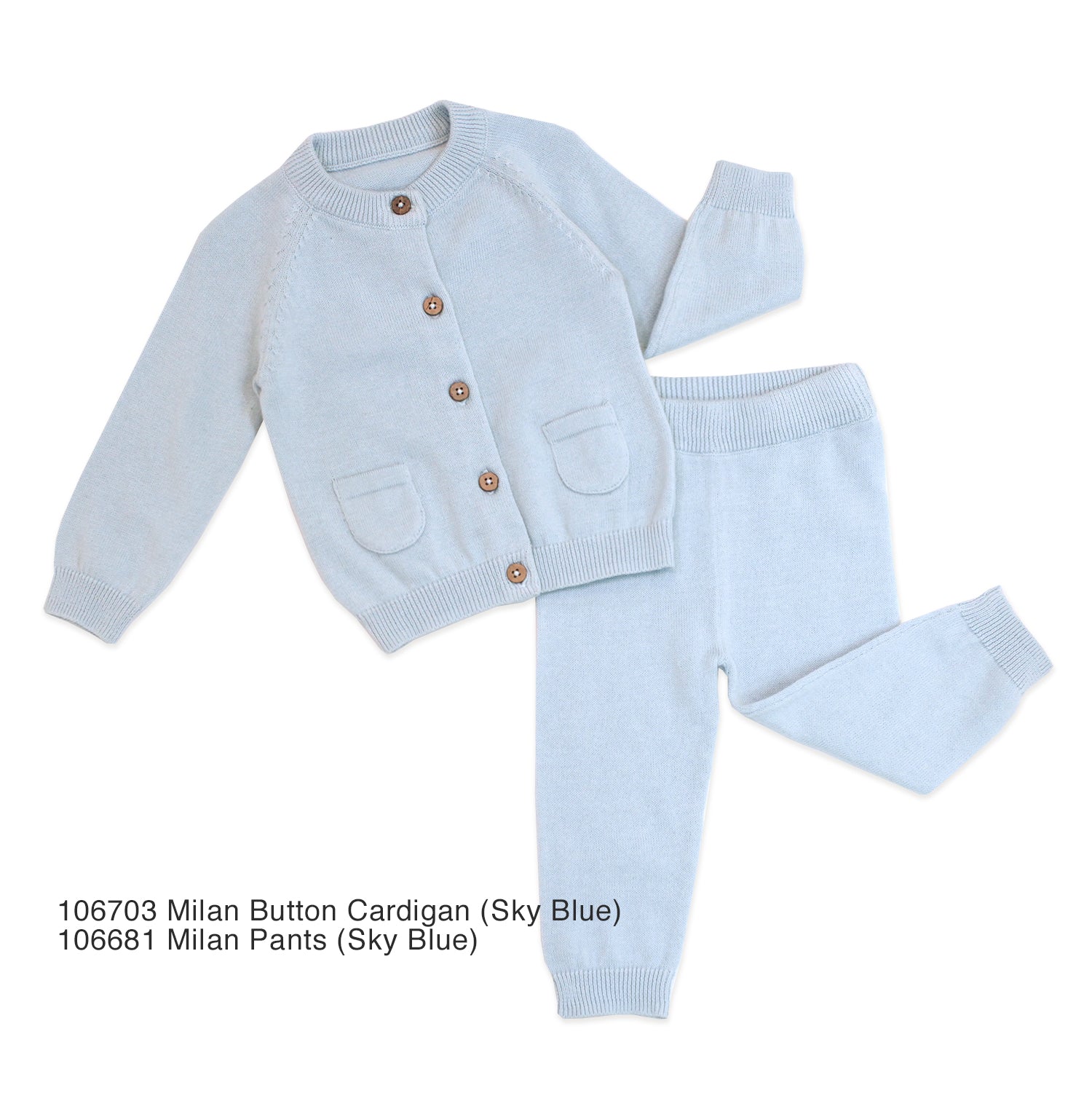 Sky Blue Milan Knit Baby Button Cardigan Sweater (Organic Cotton) paired with Sky Blue Milan Pocket Pants