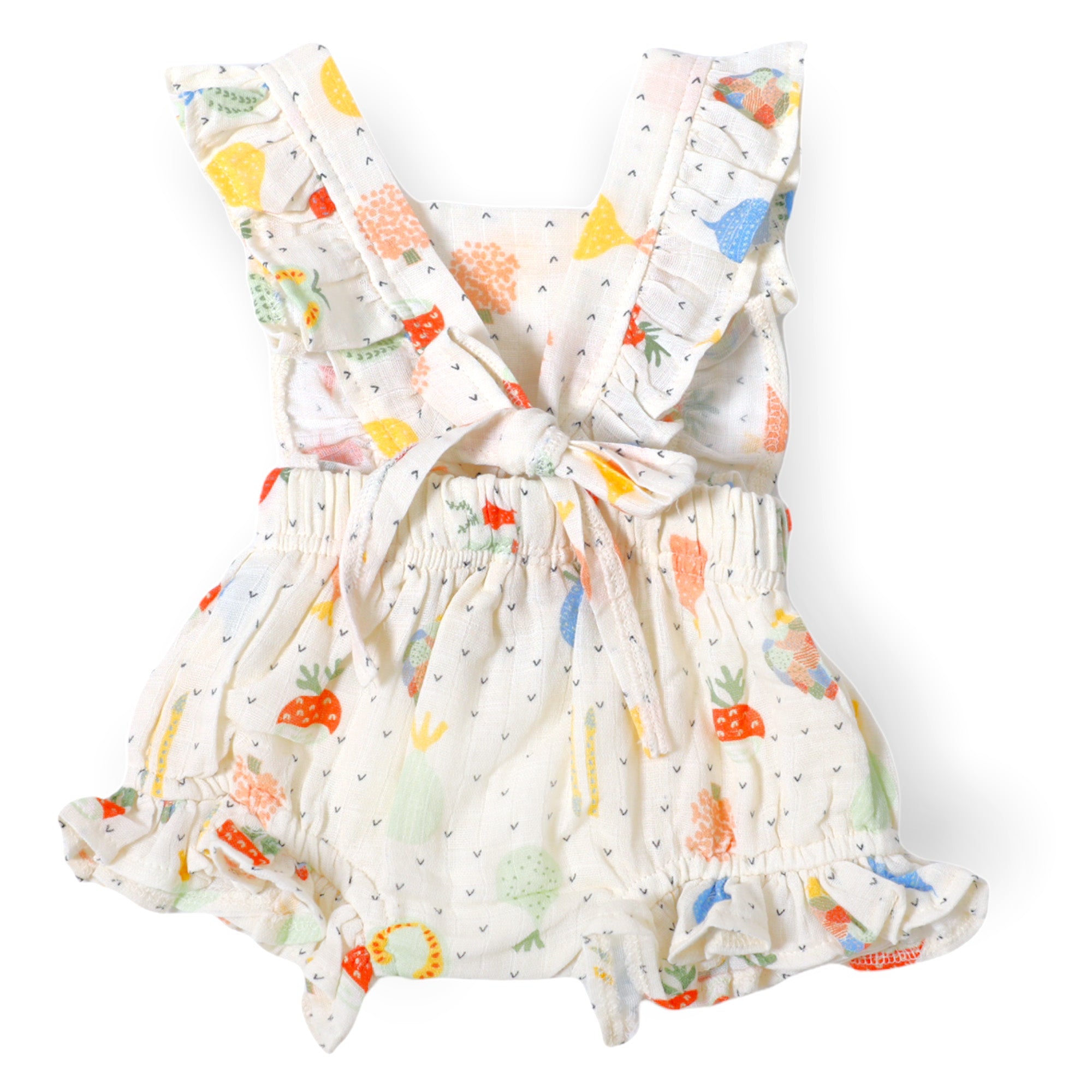 Veggie Salad Ruffled Tie Back Short Romper (Organic Muslin) - Viverano