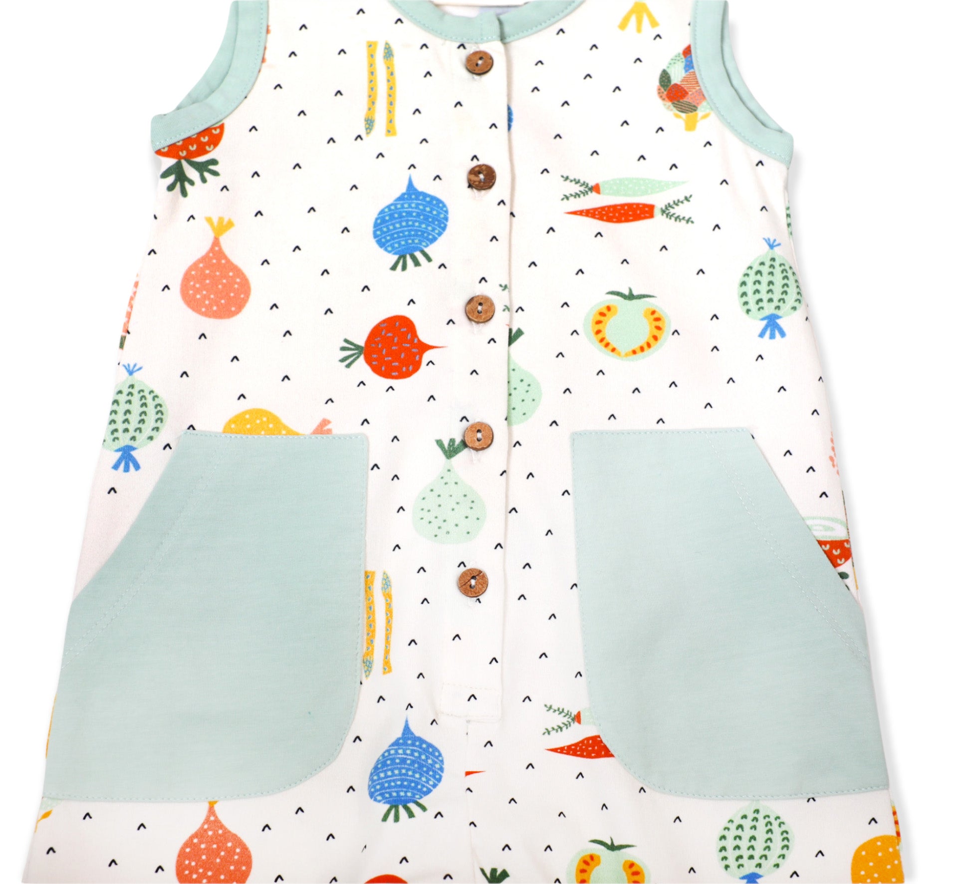 Veggie Sleeveless Side Pocket & Button Romper (Organic)