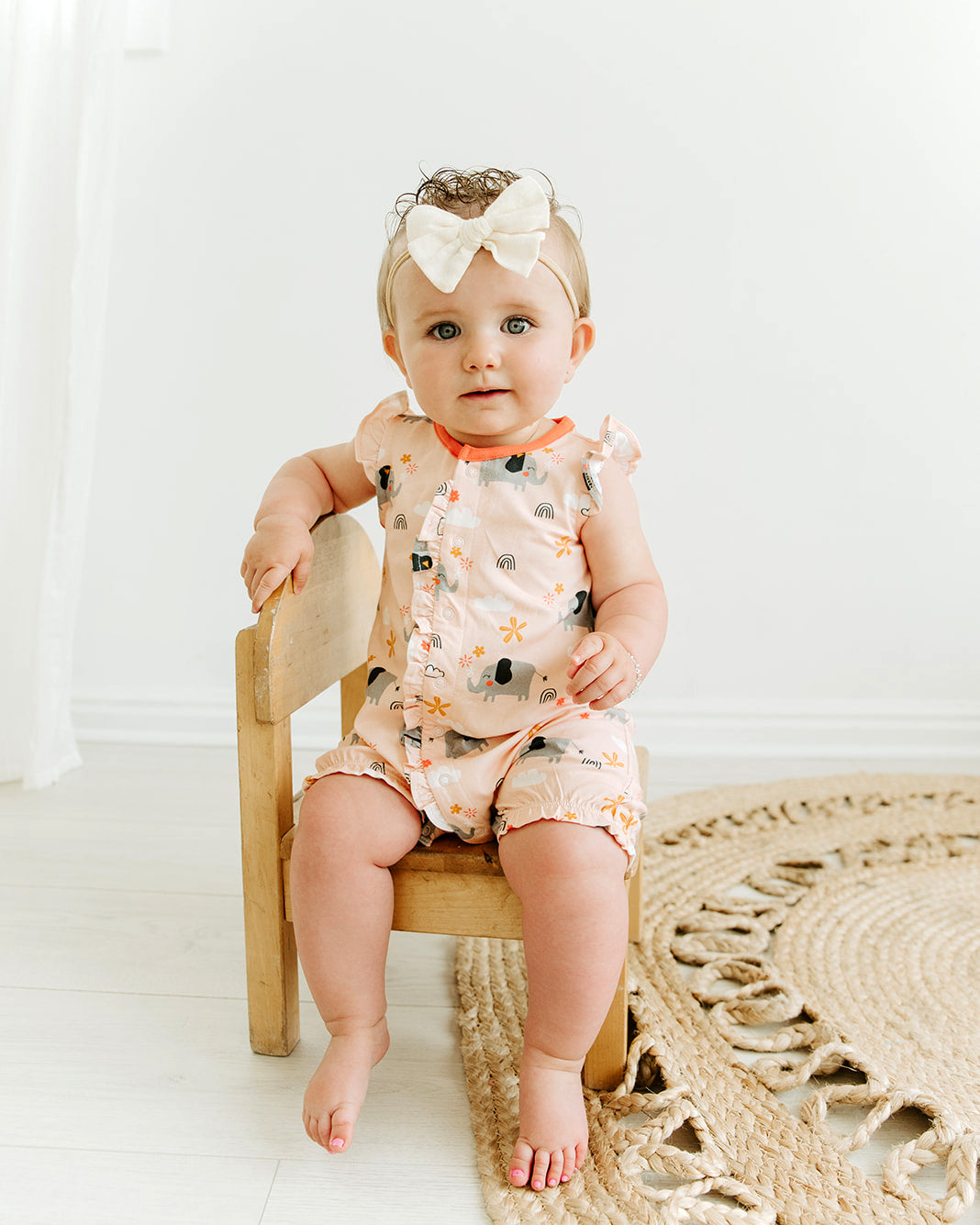 Organic Elephant Ruffled Baby Girl Short Romper - Viverano