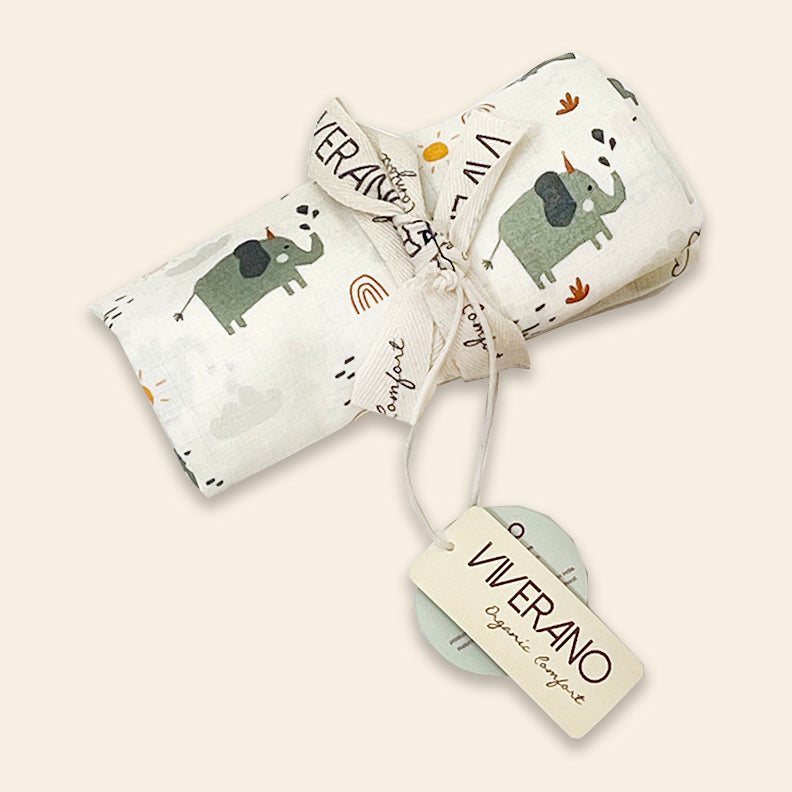 Elephant Safari Baby Swaddle Blanket (Organic Muslin) - Viverano
