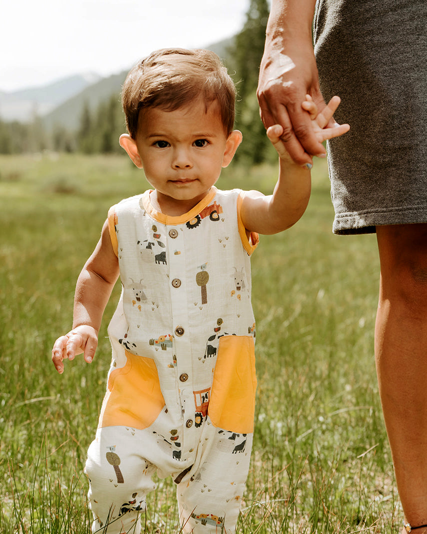 Organic Farm Side Pocket Sleeveless Jumpsuit Romper for Babies by Viverano