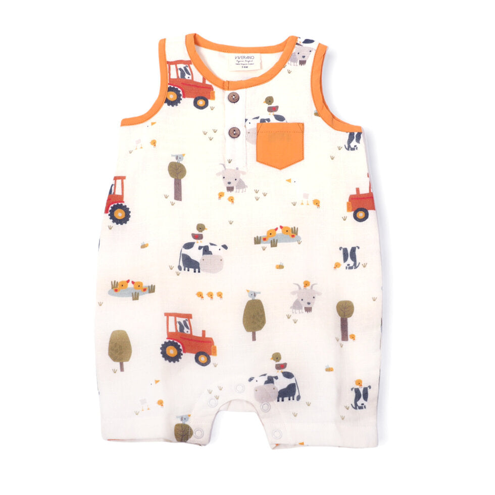 Farm Sleeveless Short Pocket Romper (Organic Muslin) Viverano