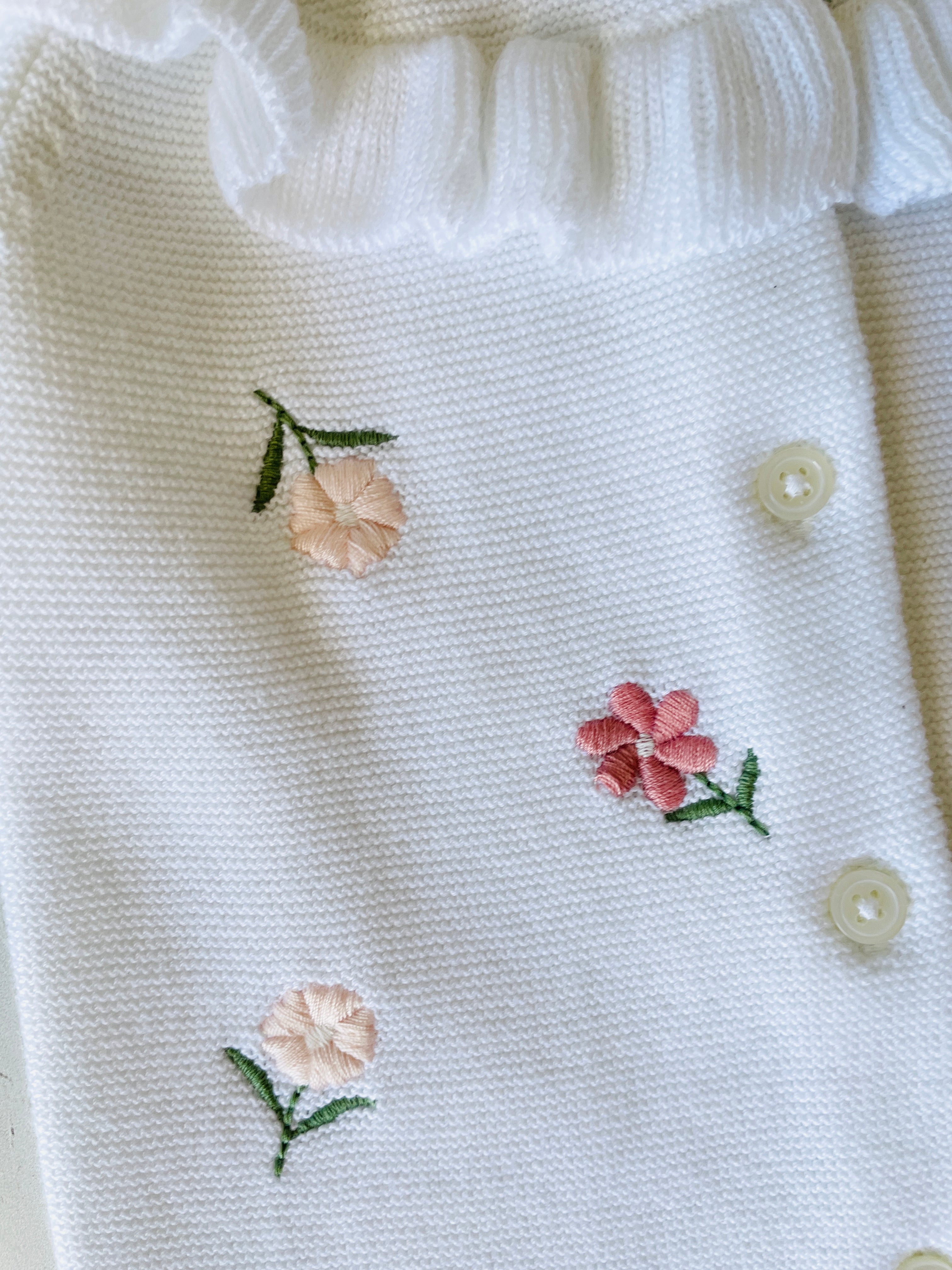 Milan White Floral Embroidered & Ruffle Sweater Knit Baby Girl Cardigan