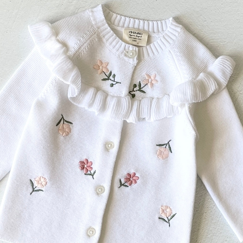 Milan White Floral Embroidered & Ruffle Sweater Knit Baby Girl Cardigan