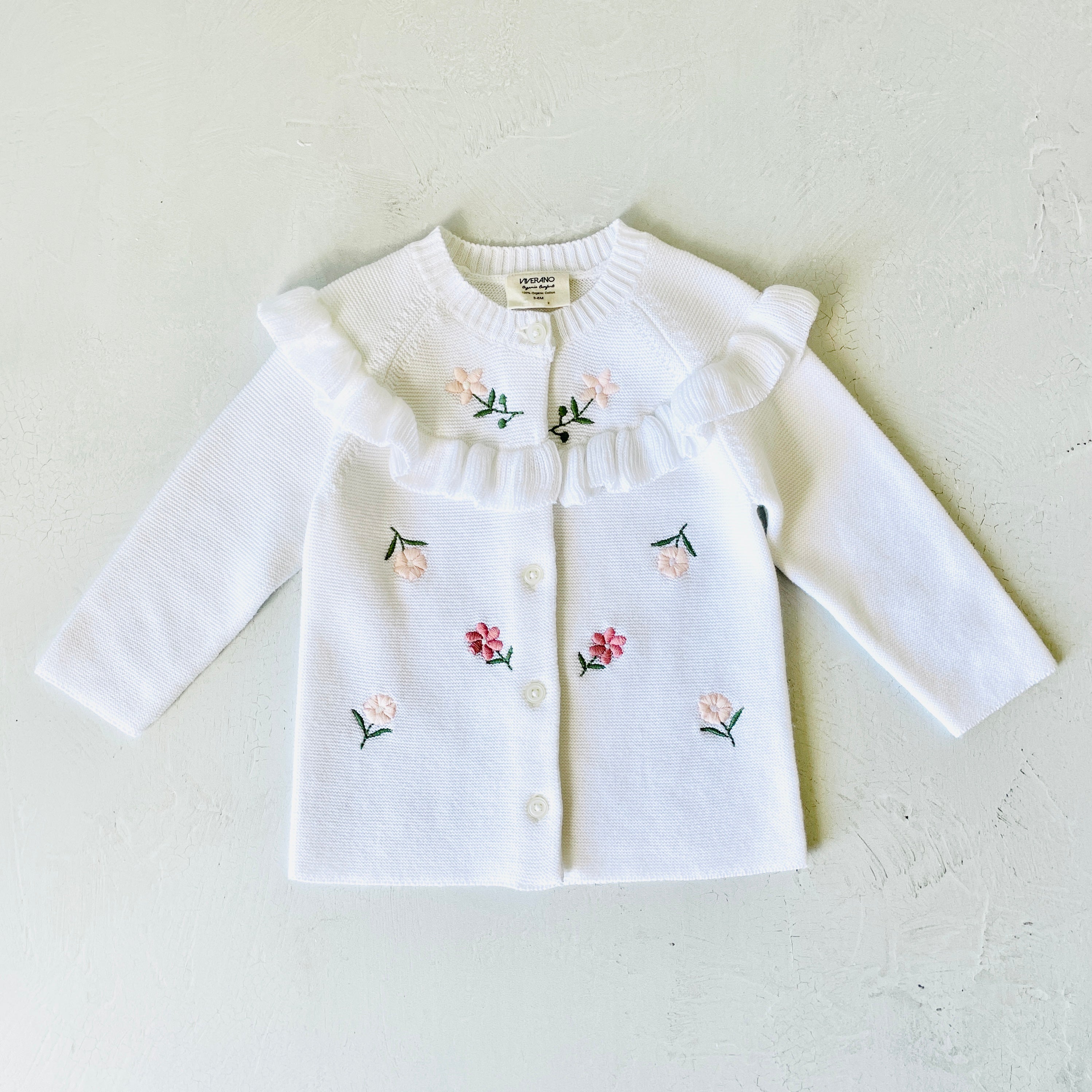 Milan White Floral Embroidered & Ruffle Sweater Knit Baby Girl Cardigan