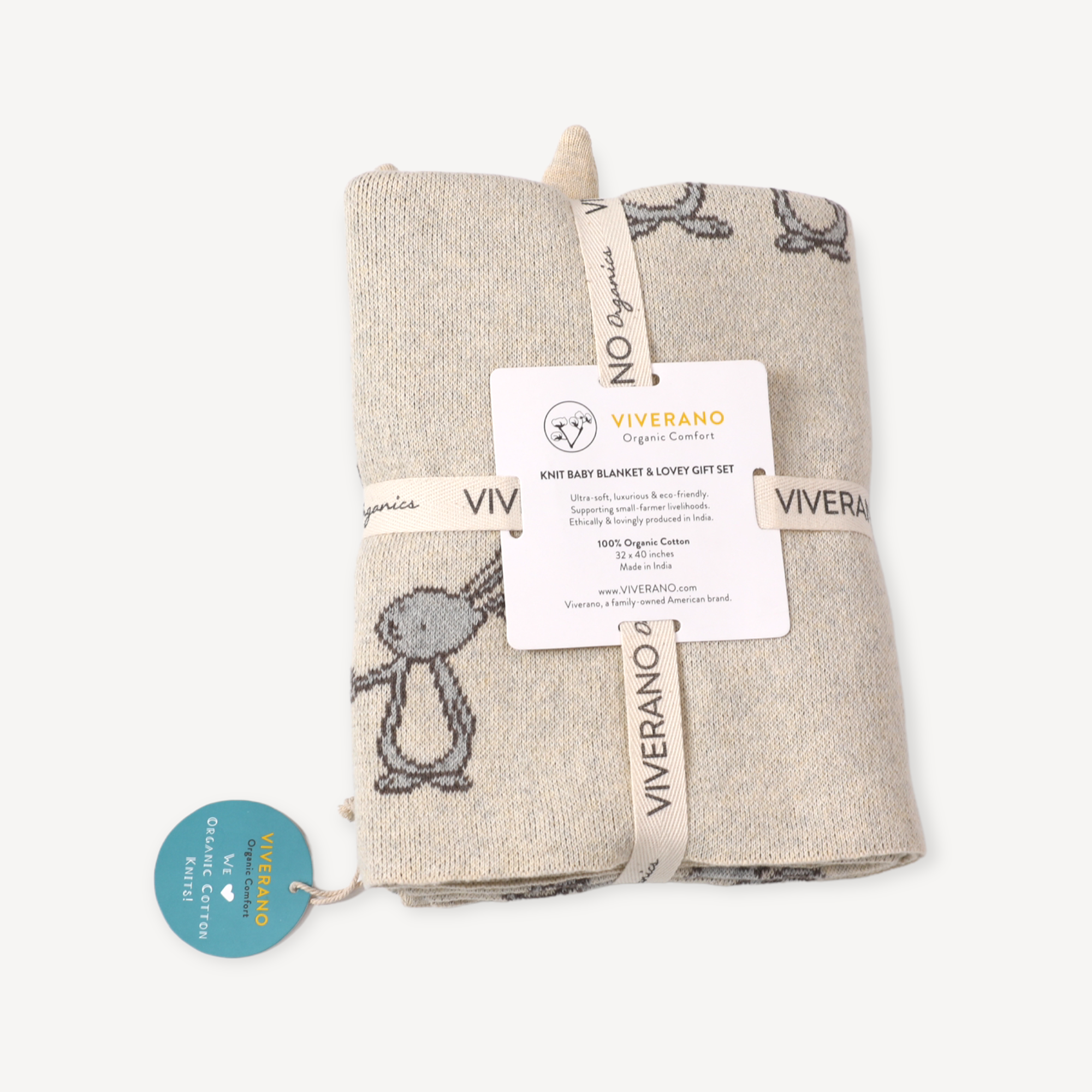 Bunny Mommy & Me Jacquard Knit Baby Blanket & Lovey Gift SET (Organic) by Viverano