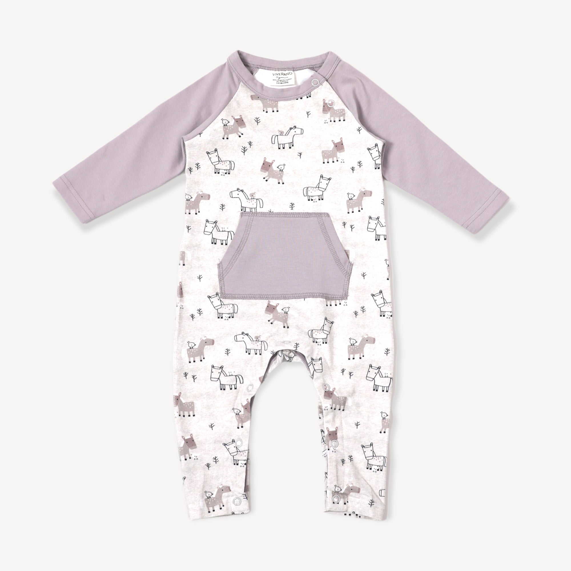 Horse & Bird Kangaroo Pocket Baby Jumpsuit (Organic Cotton)