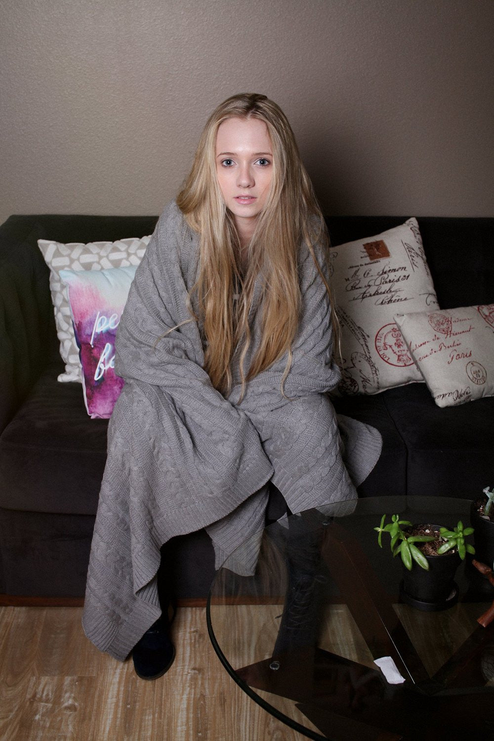 Pure Organic Cotton Cable Knit Throw Blankets Grey Color