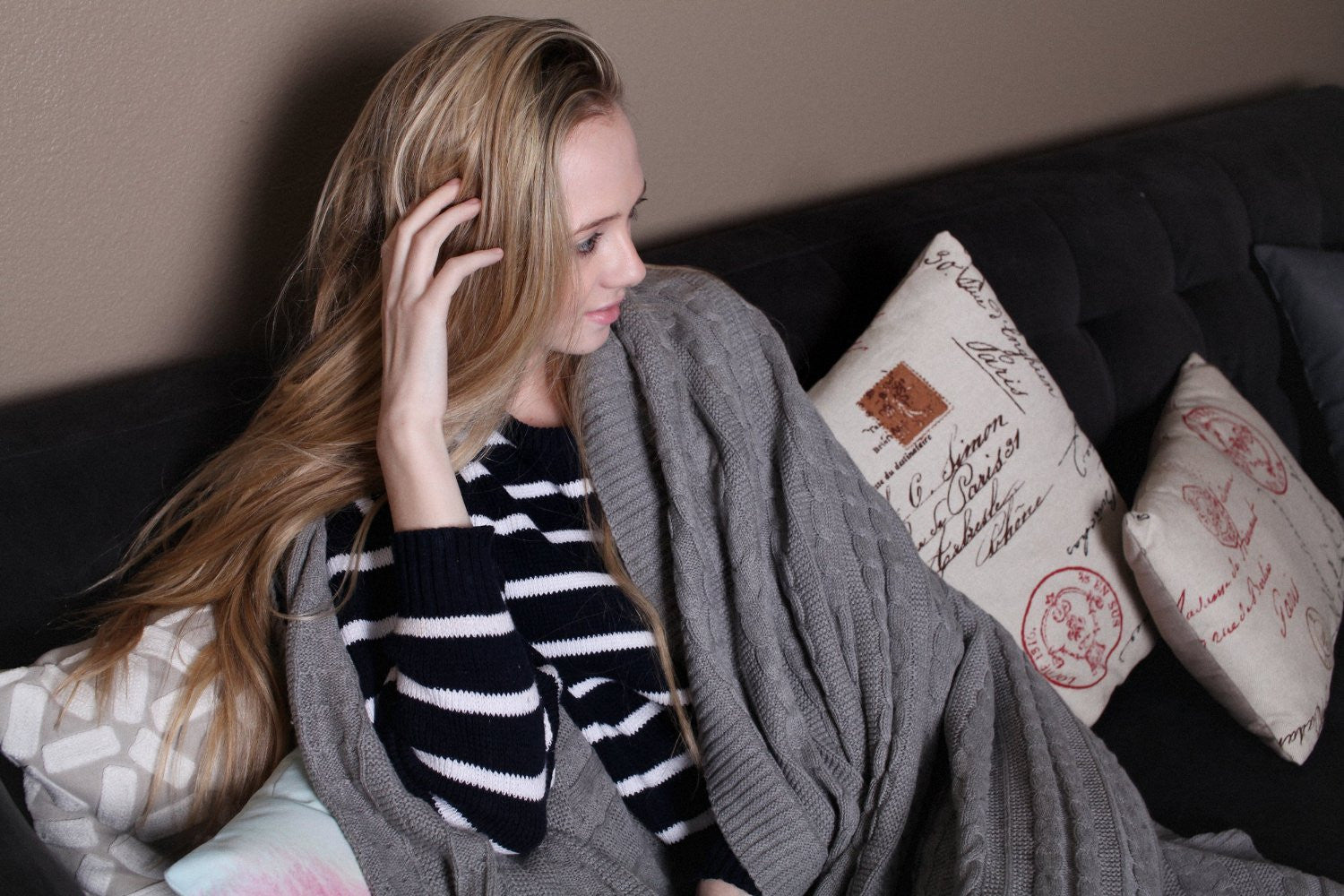 Pure Organic Cotton Cable Knit Throw Blankets Grey Color