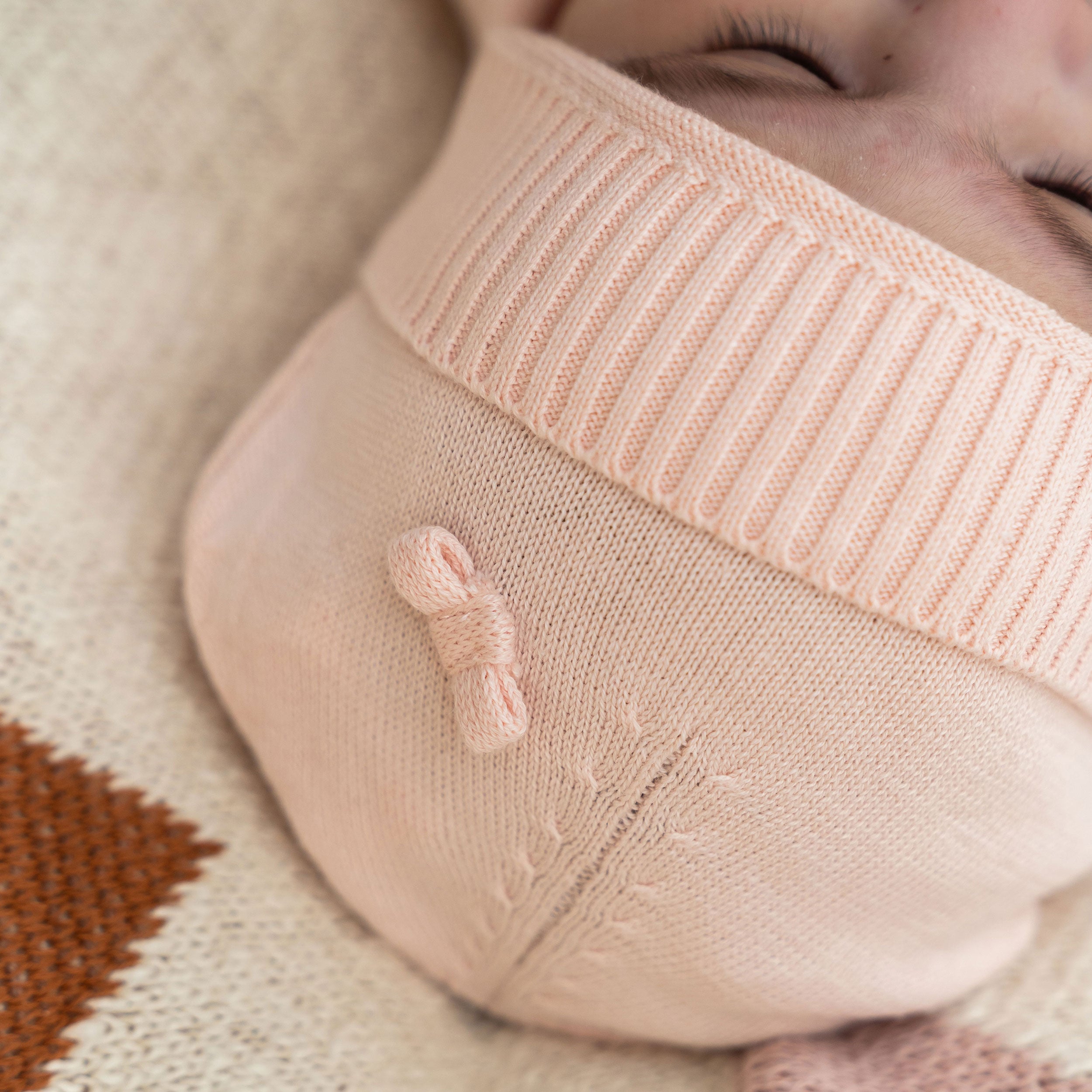 Milan Knit Classic Baby Round Beanie Hat (Organic Cotton) Blush Bow