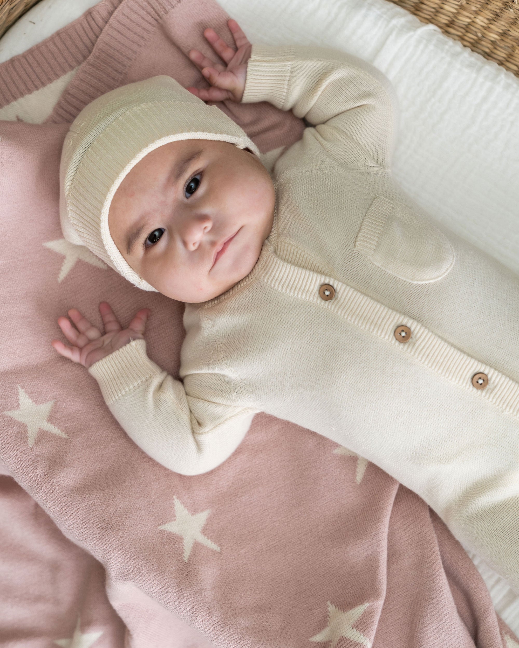 Milan Knit Classic Baby Round Beanie Hat (Organic Cotton) Cream Model