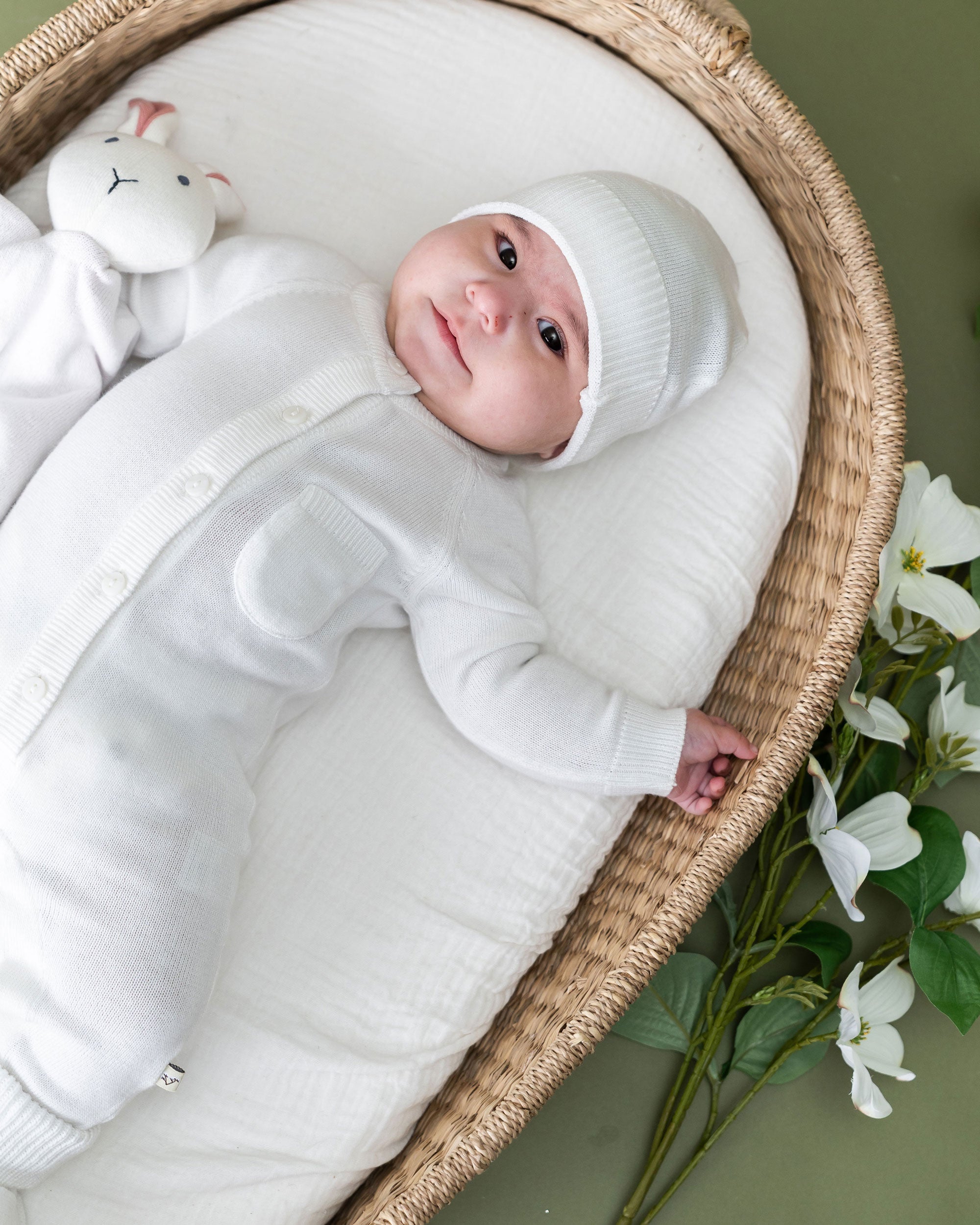 Milan Knit Classic Baby Round Beanie Hat (Organic Cotton) Dove White Model