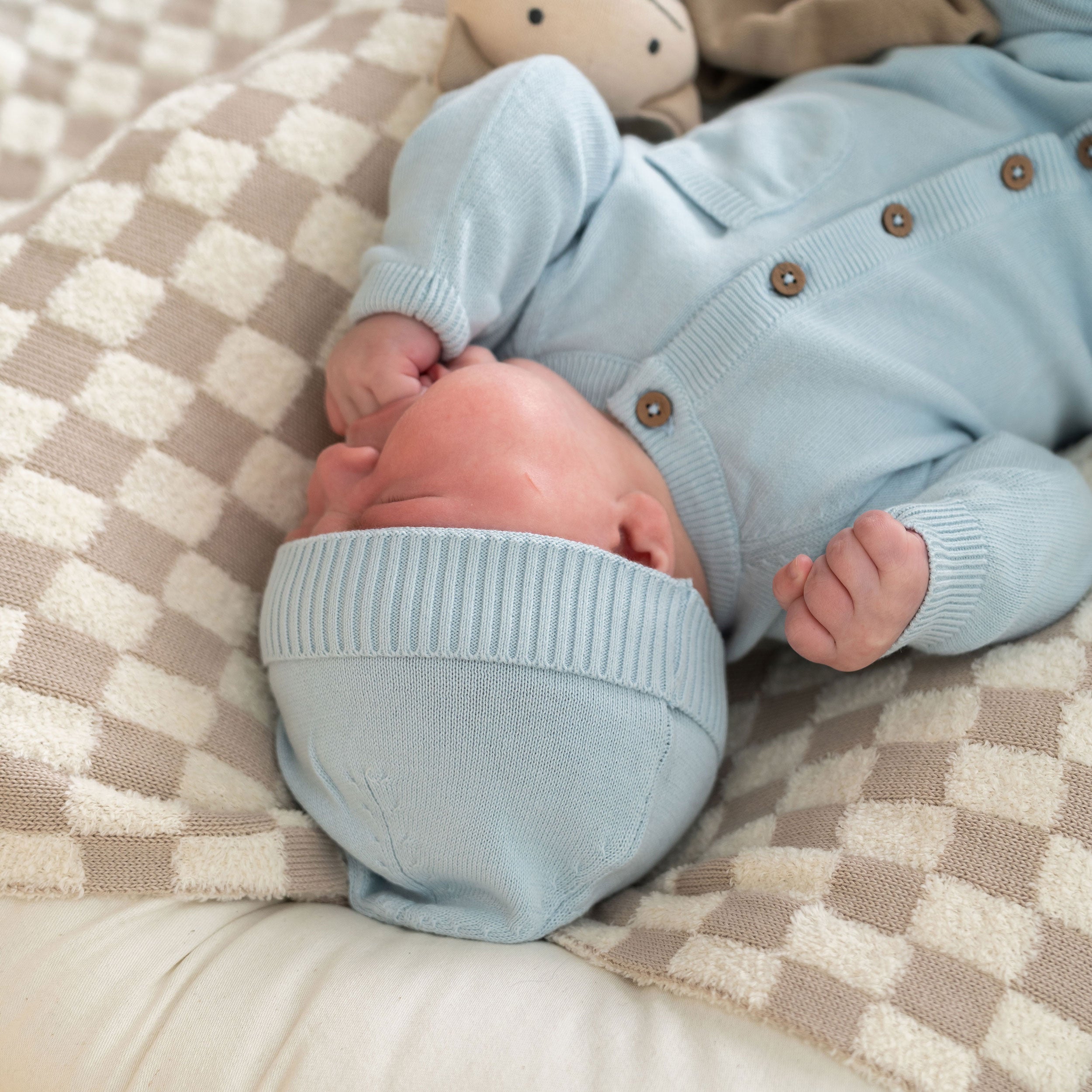 Milan Knit Classic Baby Round Beanie Hat (Organic Cotton) Sky Blue Model