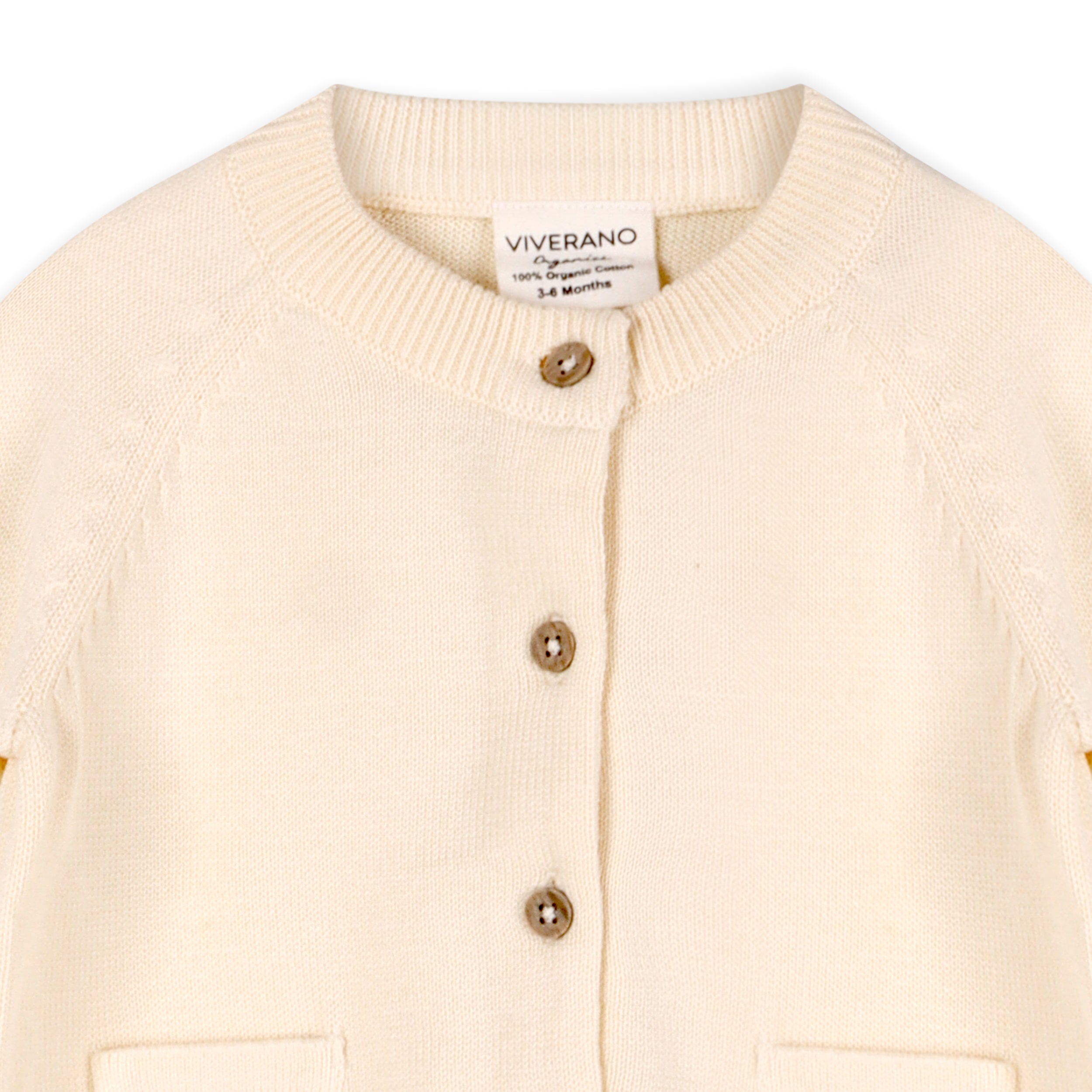 Cream Milan Knit Baby Button Cardigan Sweater (Organic Cotton) Top Detail