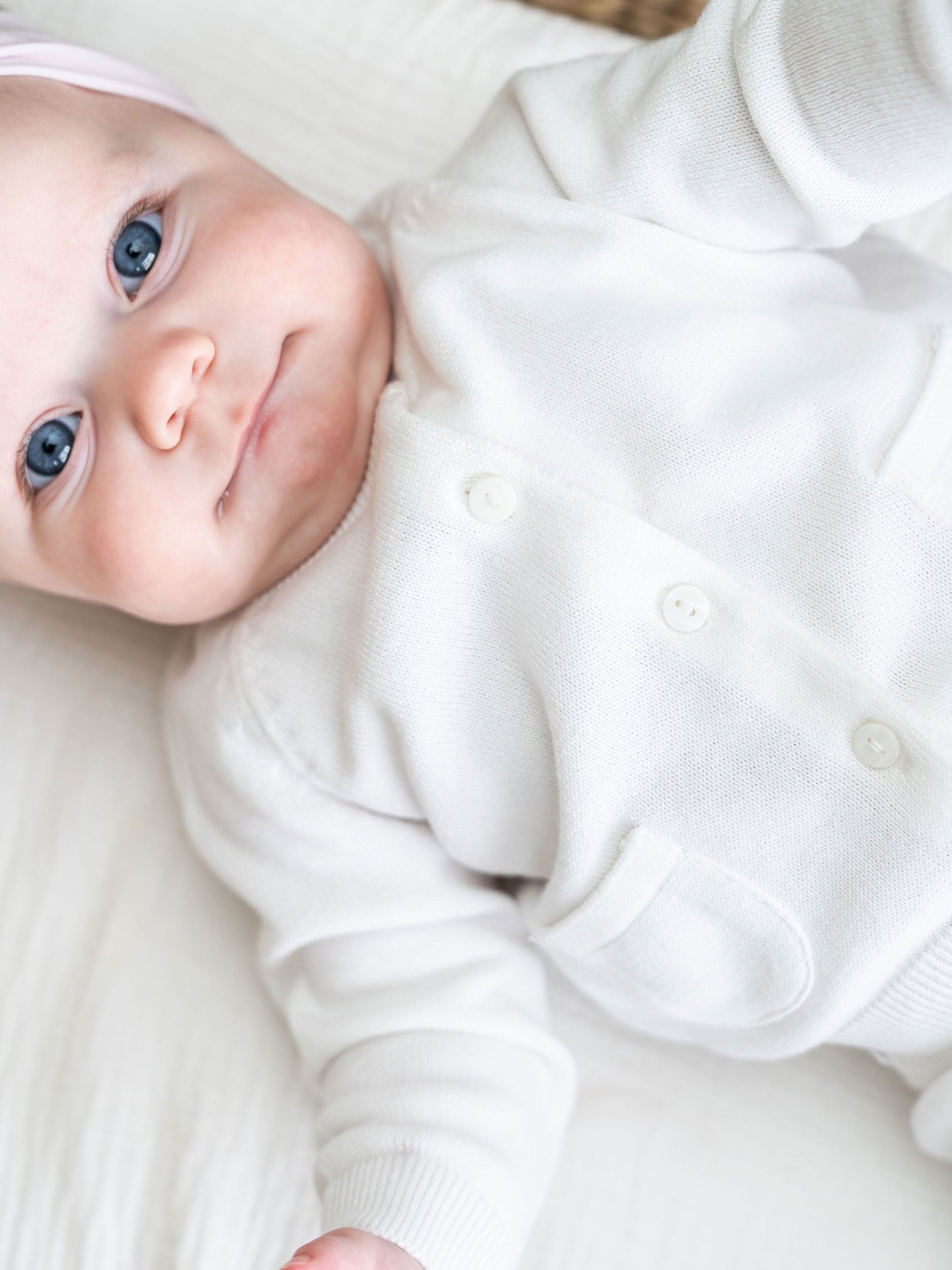 Dove White Milan Knit Baby Button Cardigan Sweater (Organic Cotton) Texture