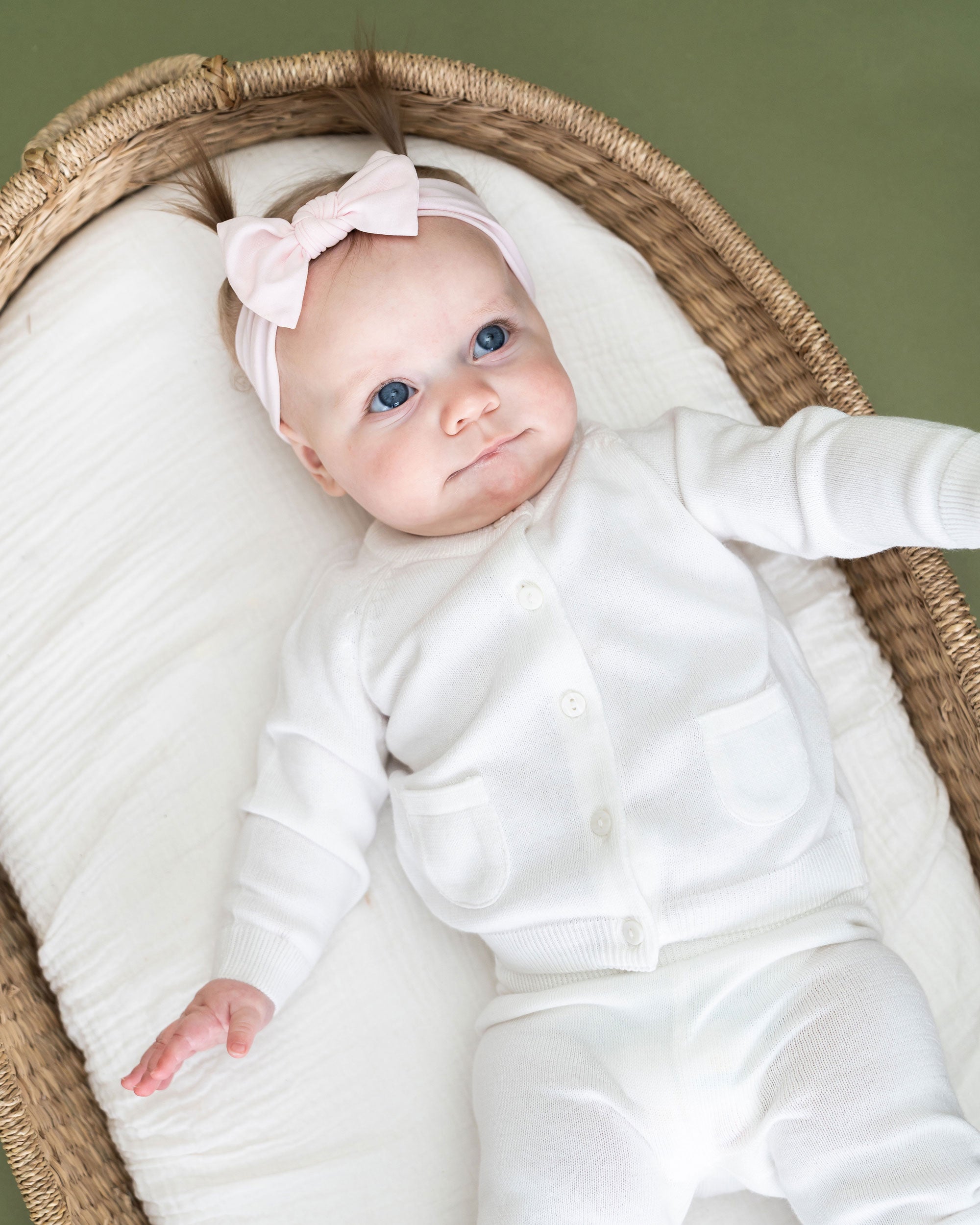 Dove White Milan Knit Baby Button Cardigan Sweater (Organic Cotton) Model