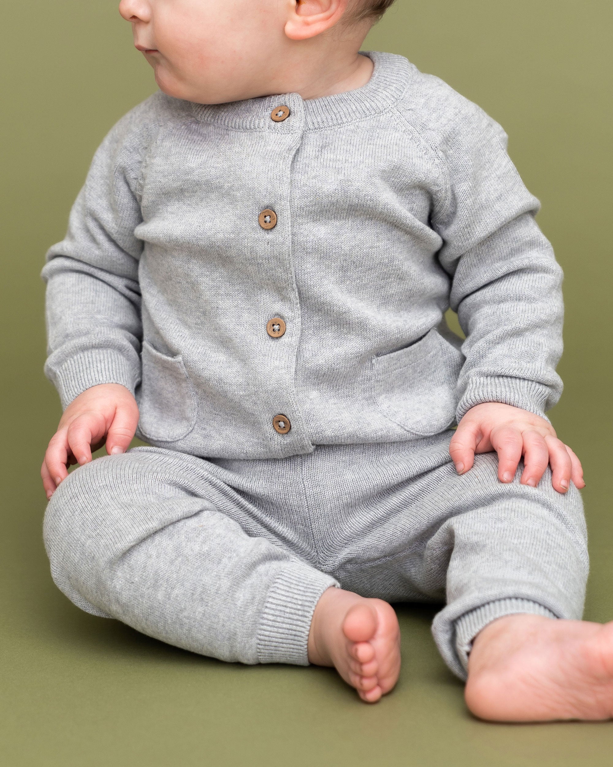 Heather Grey Milan Knit Baby Button Cardigan Sweater (Organic Cotton) Texture