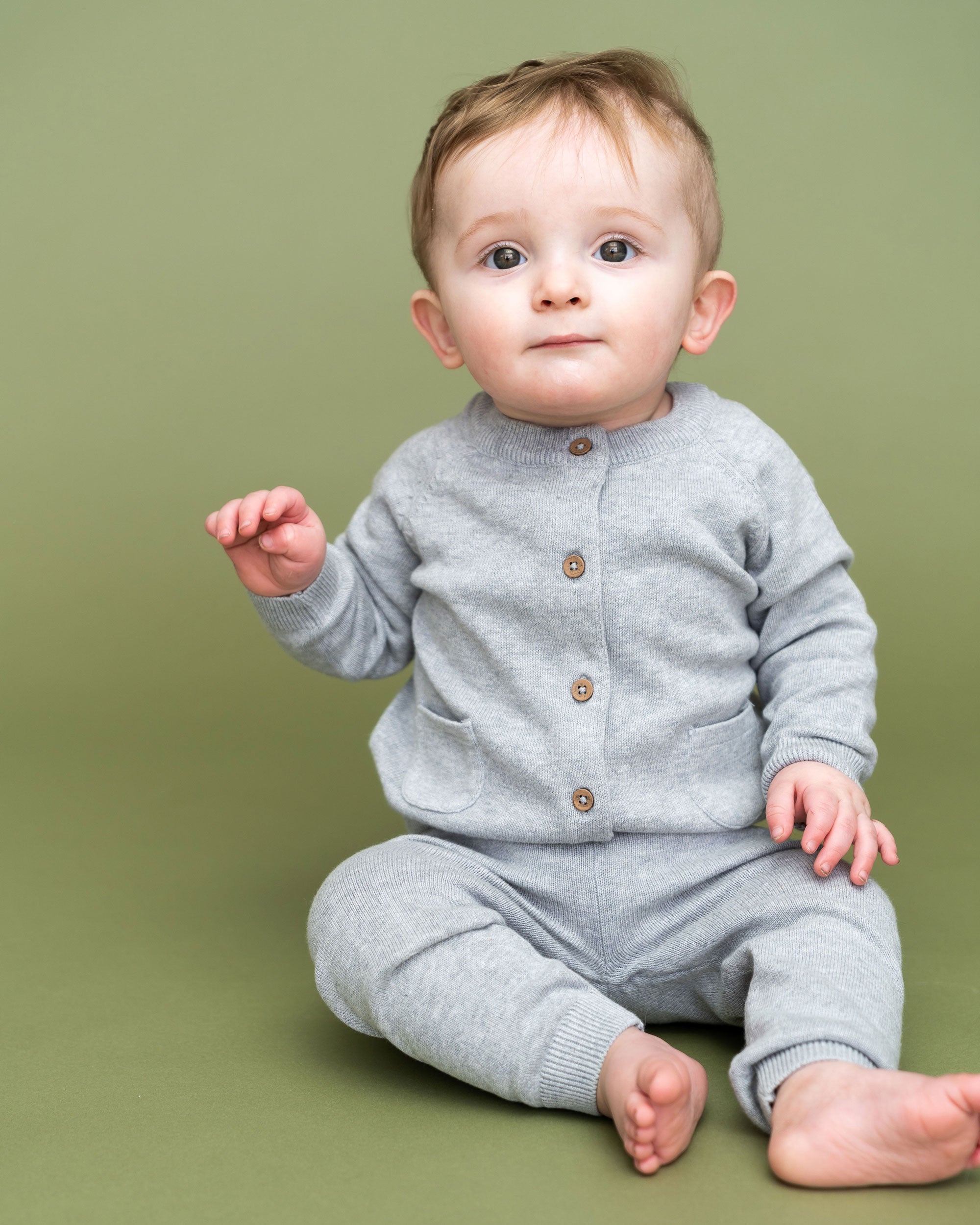 Heather Grey Milan Knit Baby Button Cardigan Sweater (Organic Cotton) Model