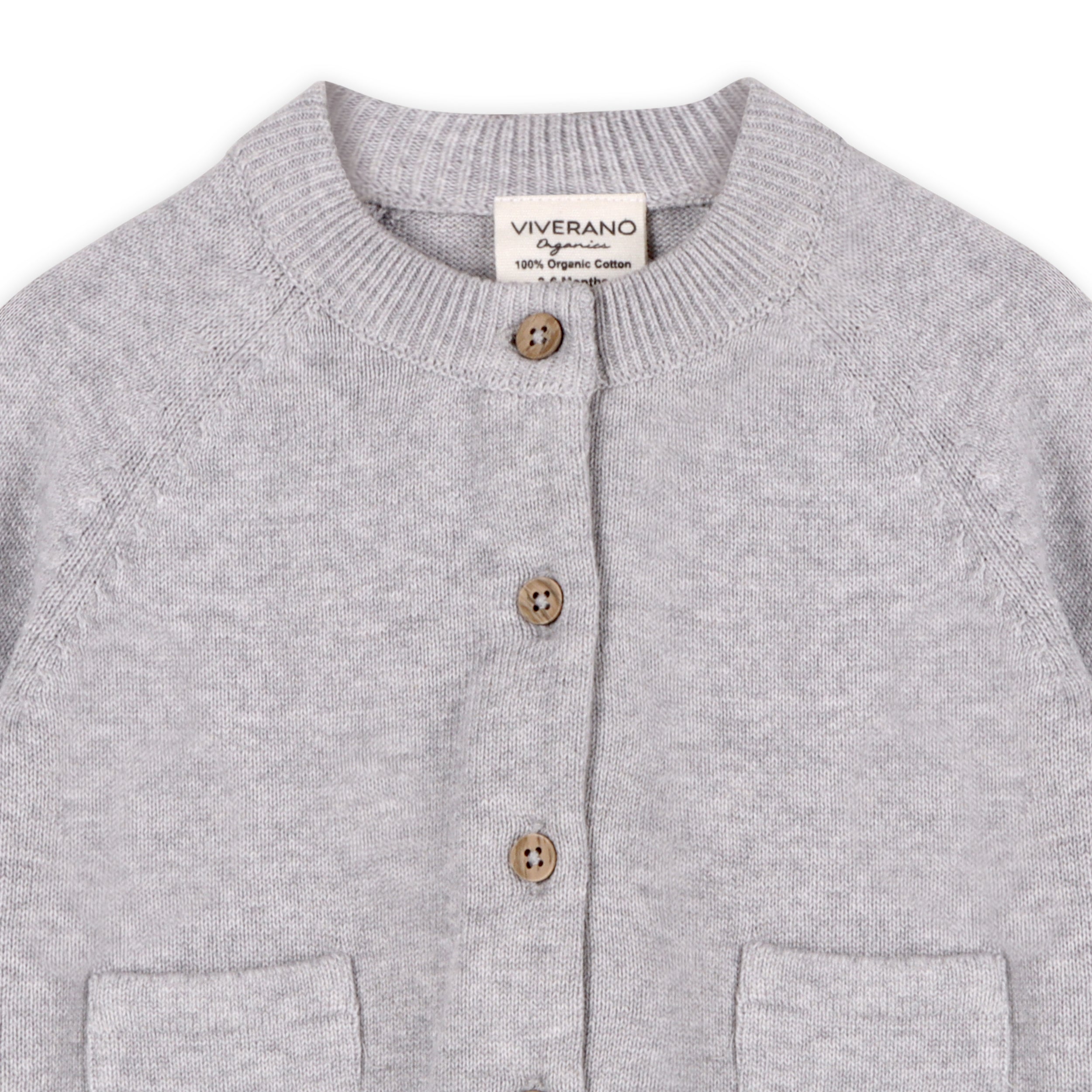 Heather Grey Milan Knit Baby Button Cardigan Sweater (Organic Cotton) Top Detail