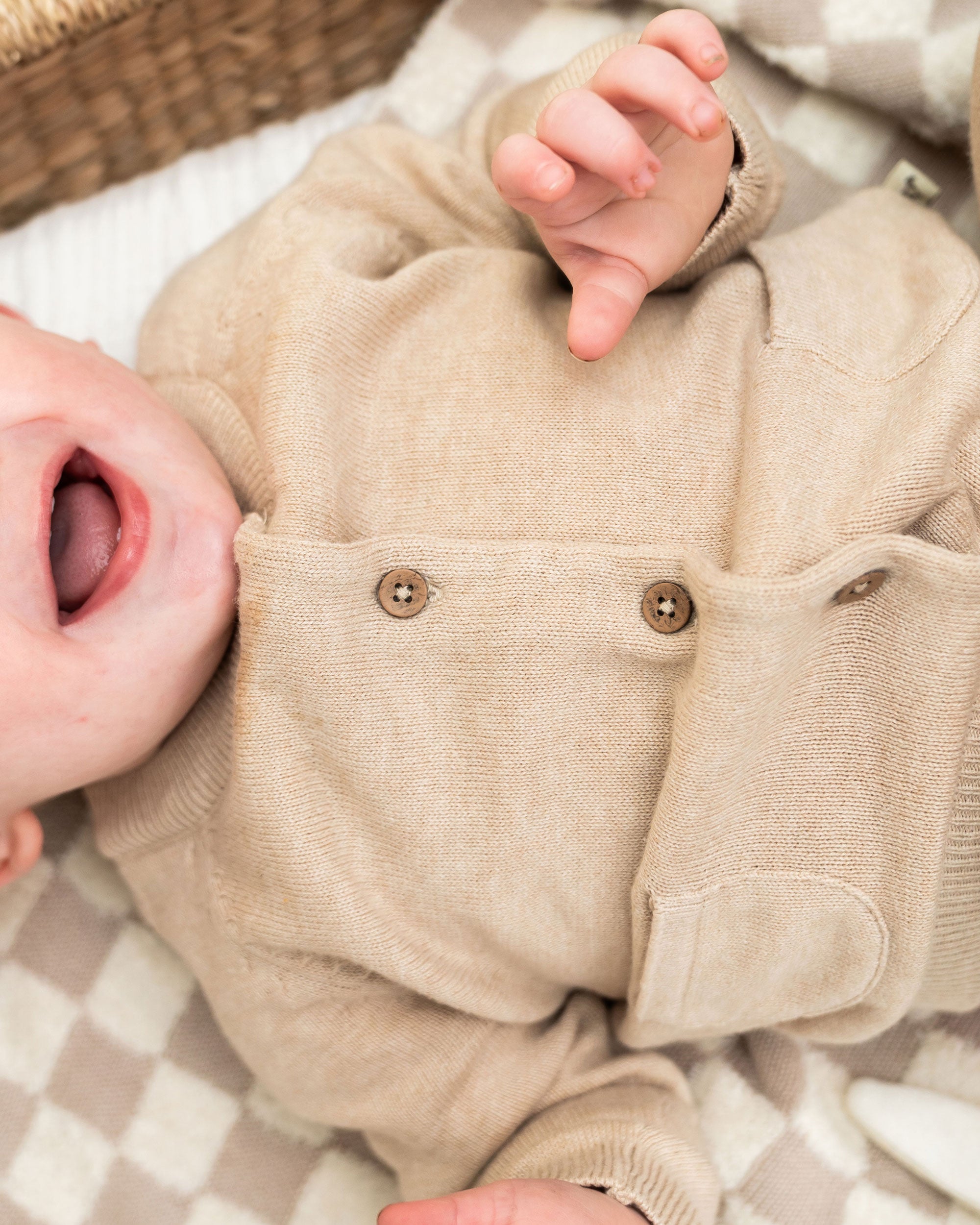 Oat Heather Milan Knit Baby Button Cardigan Sweater (Organic Cotton) Texture