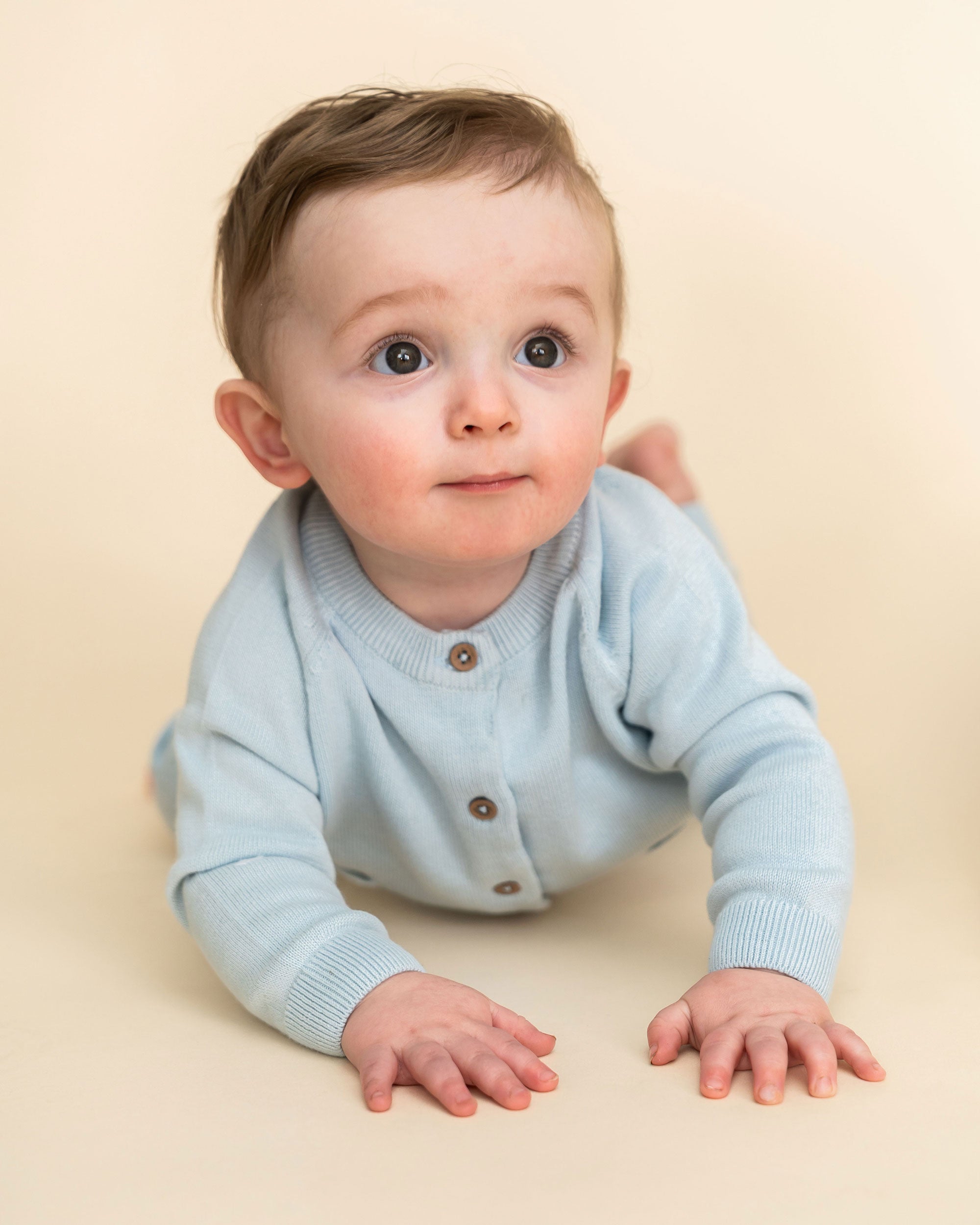 Sky Blue Milan Knit Baby Button Cardigan Sweater (Organic Cotton) Model