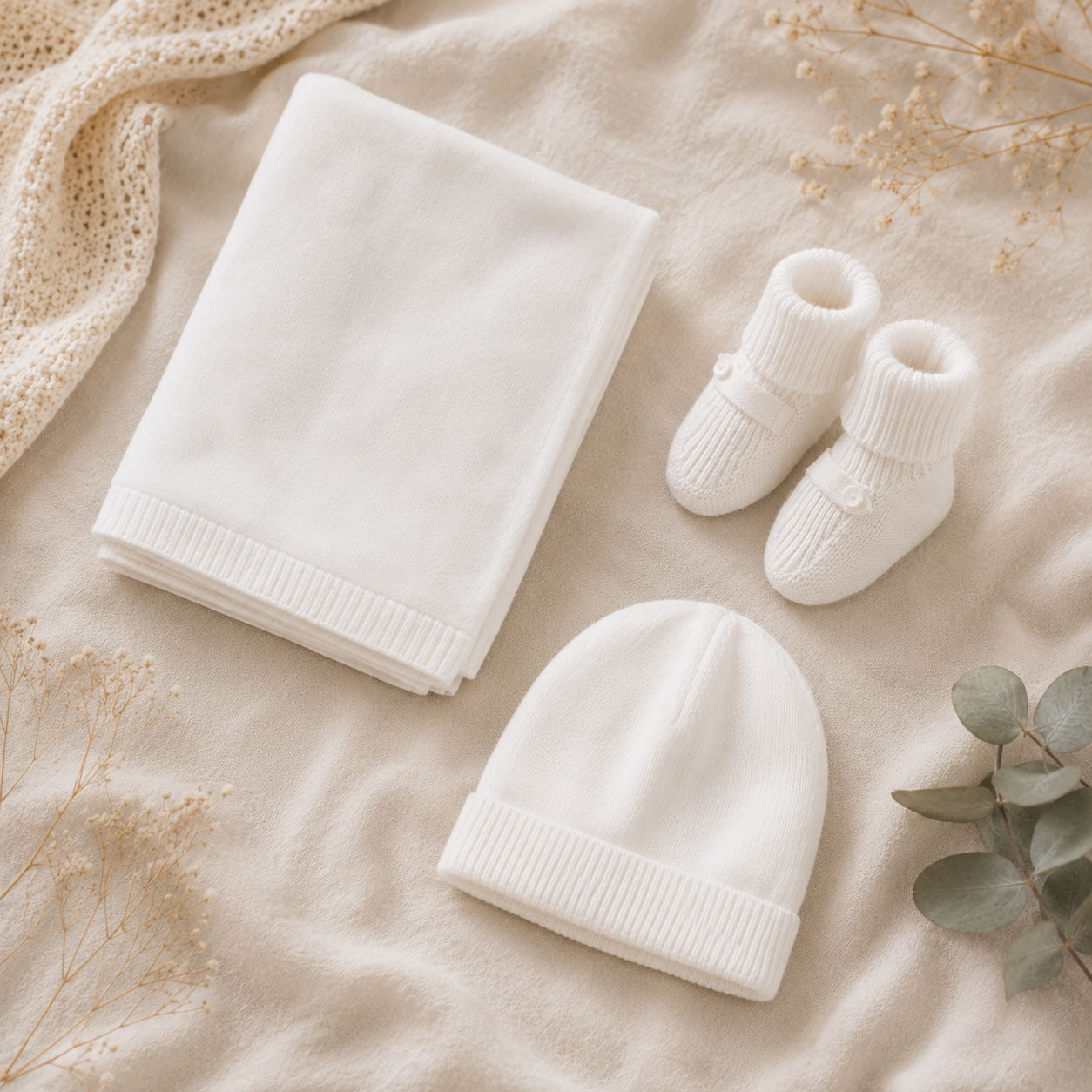 Organic Cotton Milan Dove White Baby Blanket Sweater Knit with matching Baby Booties and Hat by Viverano