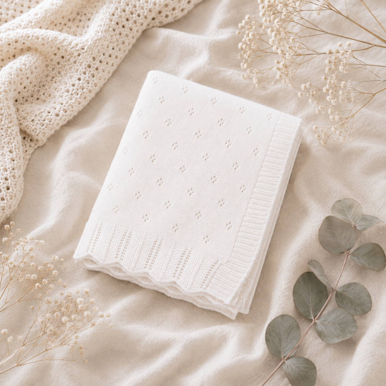 Organic Cotton Milan Dove White Classic Pointelle Knit Baby Blanket