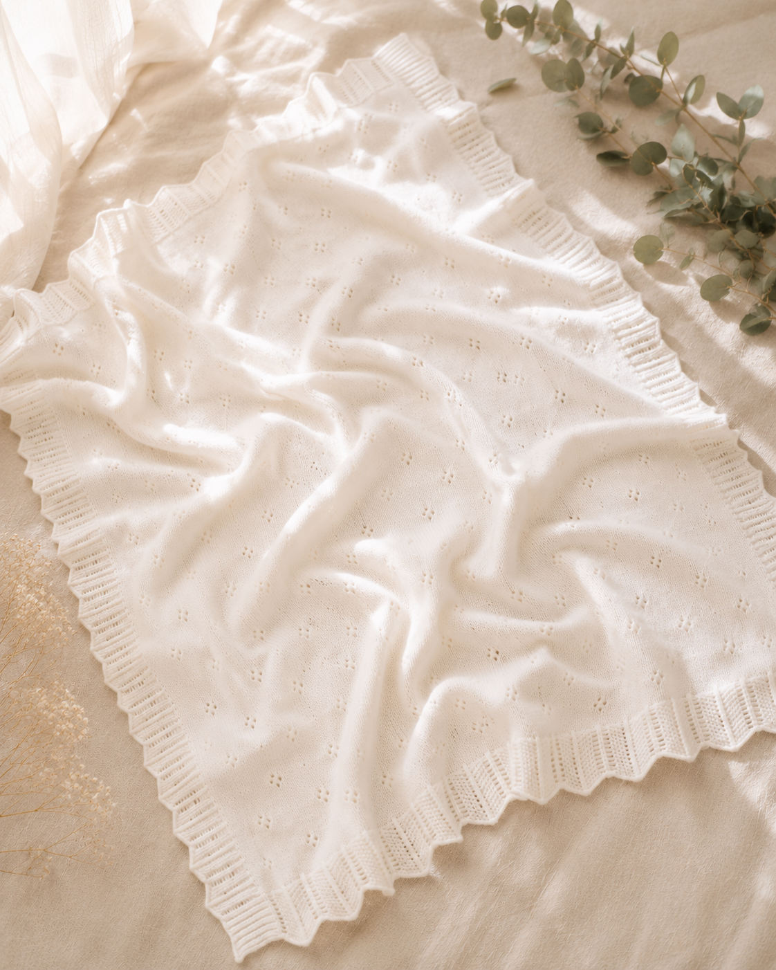 Milan Dove White Classic Pointelle Knit Baby Blanket, Organic Cotton