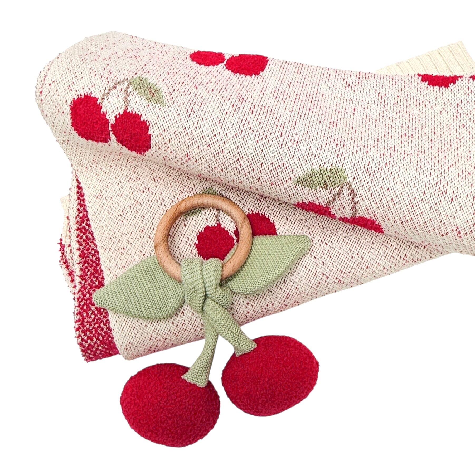 Cherry Organic Cotton Baby Blanket + Ring Rattle Toy Gift Set