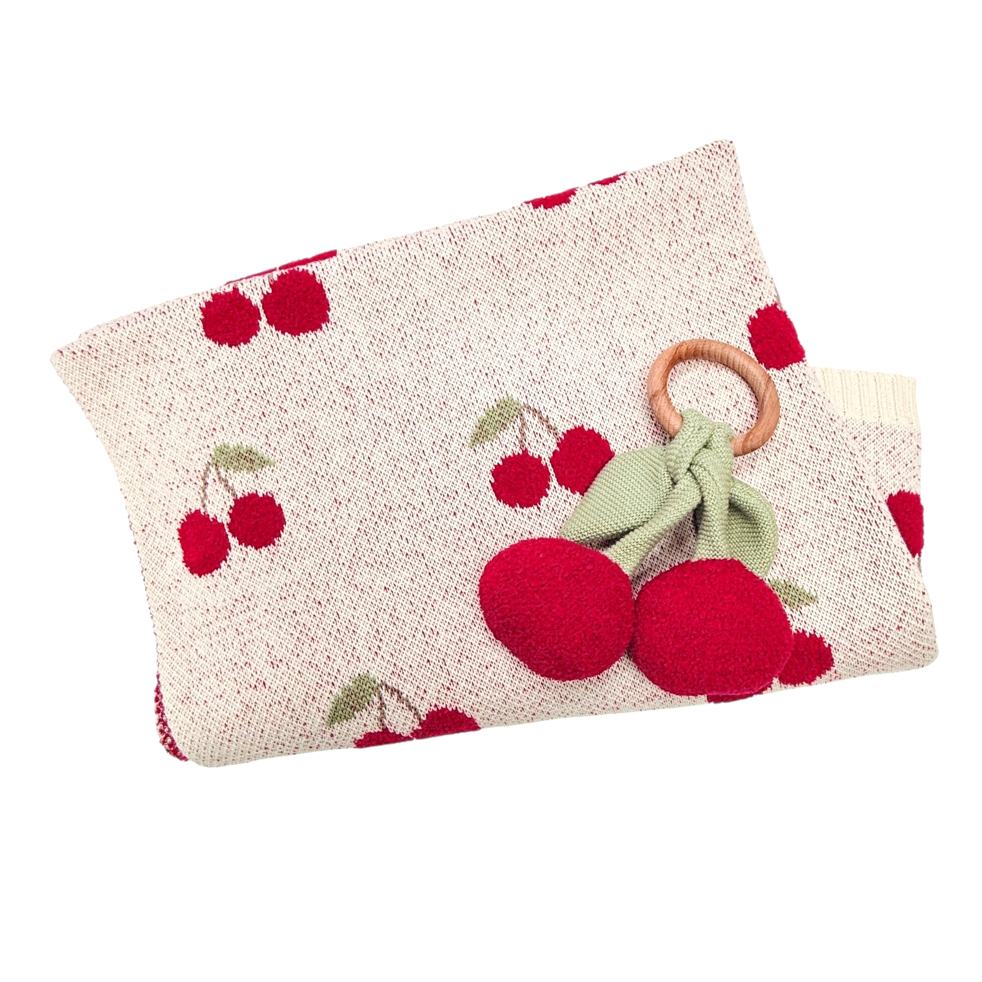 Cherry Organic Cotton Baby Blanket + Wood Ring Rattle Toy Gift Set