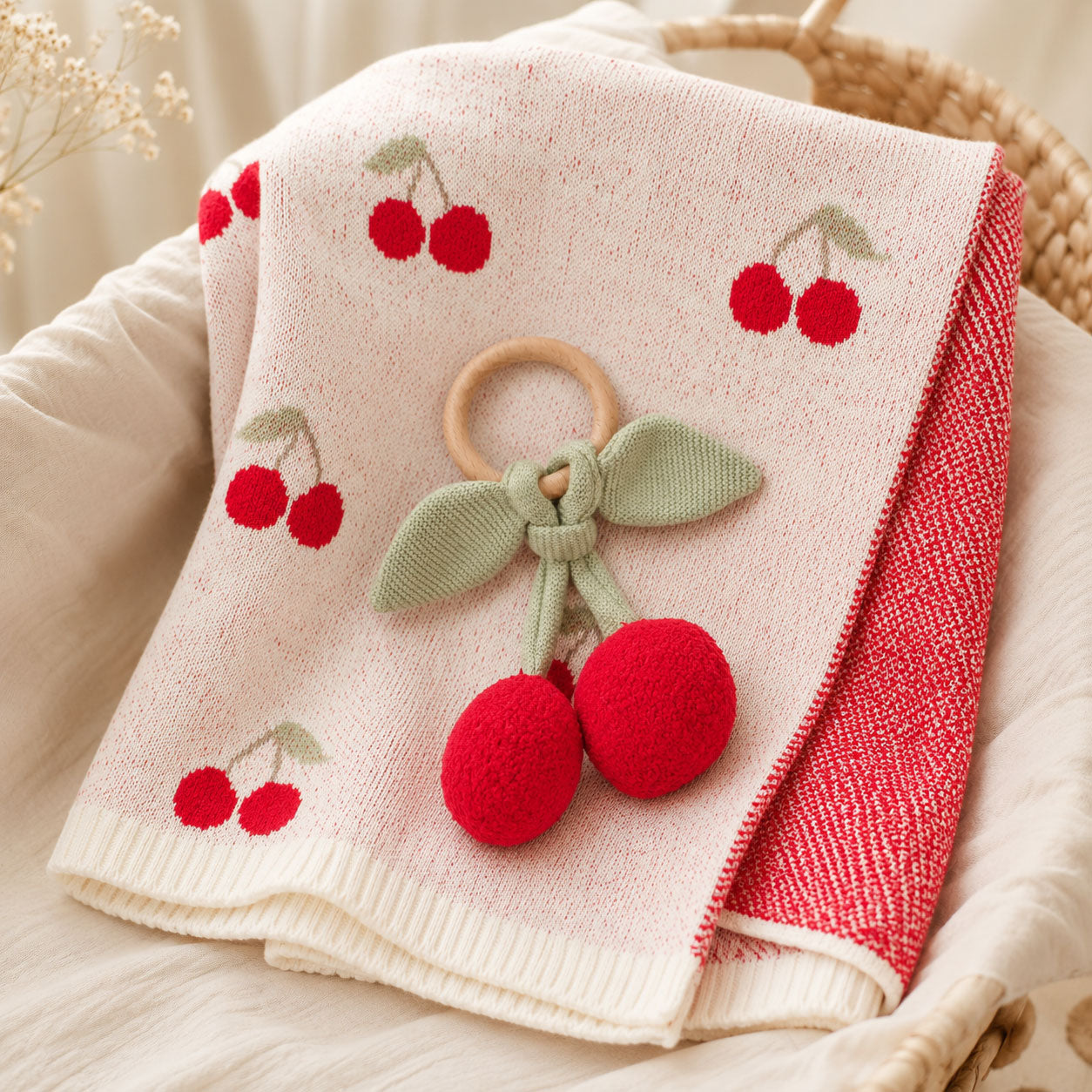 Viverano | Cherry Organic Baby Blanket + Ring Rattle Toy Gift Set