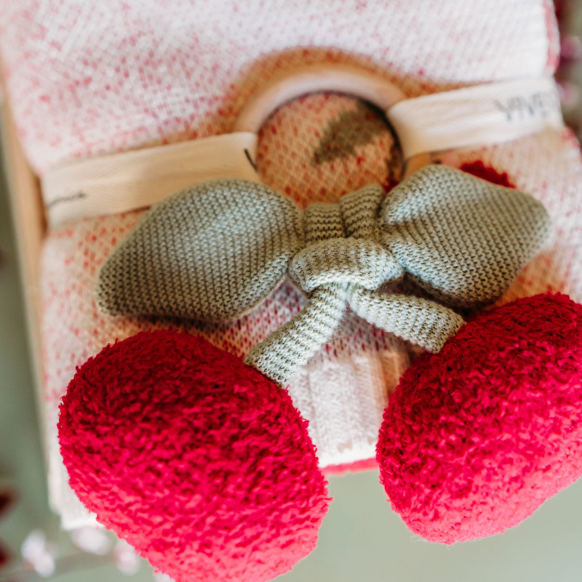 Cherry Organic Baby Blanket + Ring Rattle Toy Gift Set