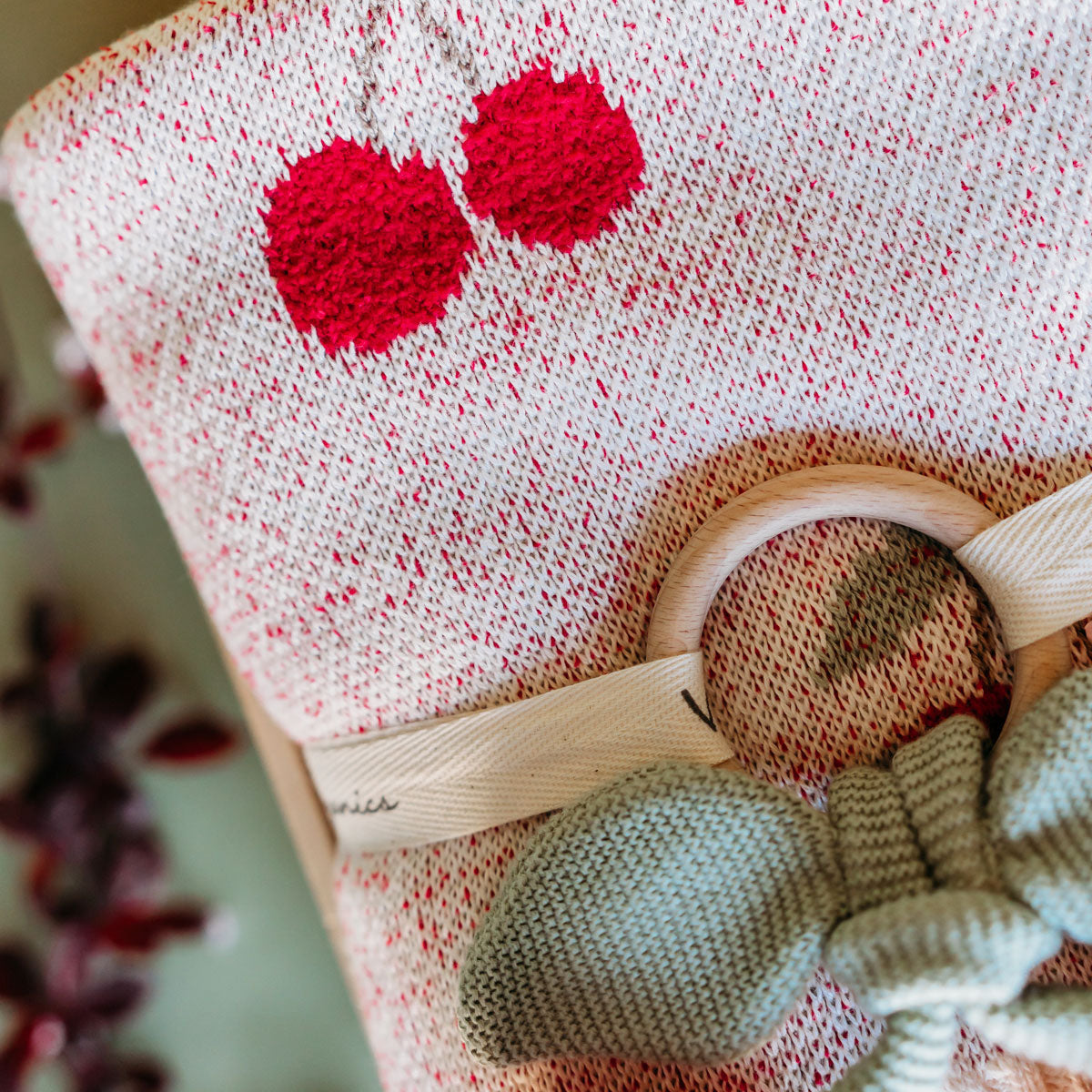 Cherry Organic Baby Blanket + Ring Rattle Toy Gift Set