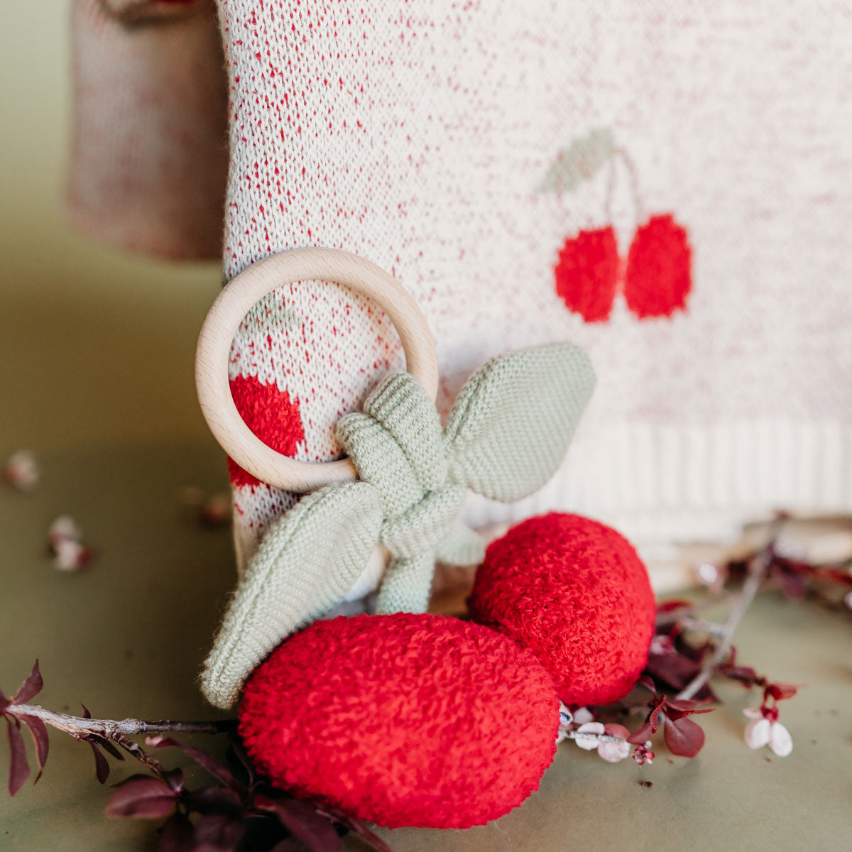 Cherry Organic Baby Blanket + Ring Rattle Toy Gift Set