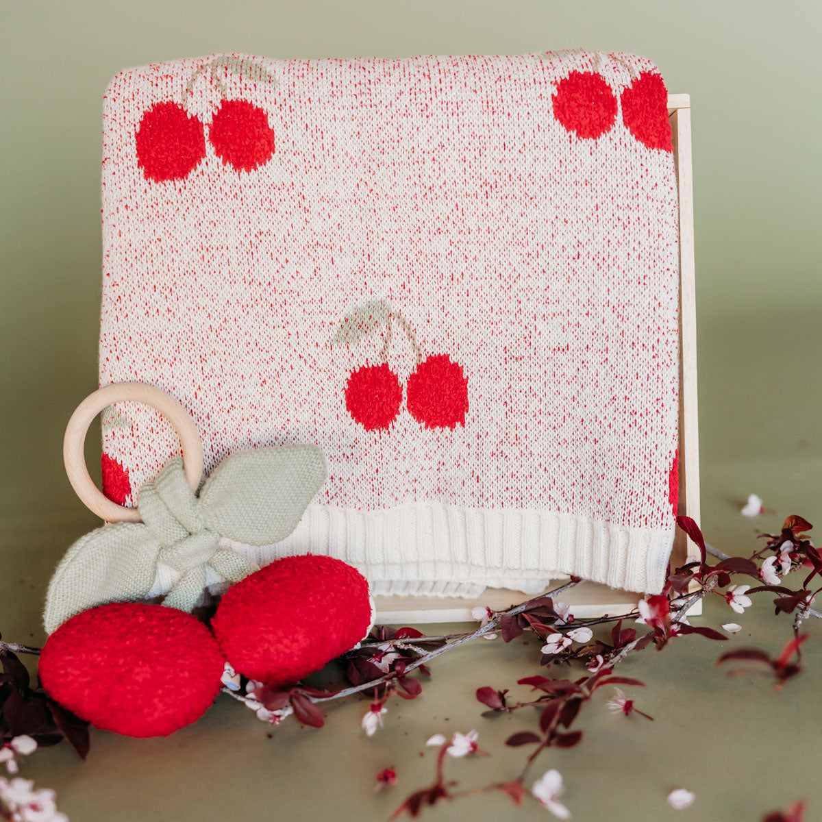 Cherry Organic Baby Blanket + Ring Rattle Toy Gift Set
