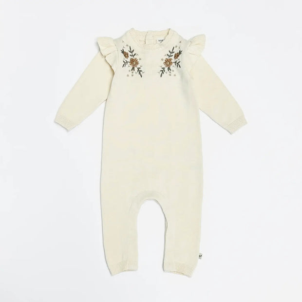 Milan Floral Embroidered Ruffle Knit Baby Jumpsuit (Organic)