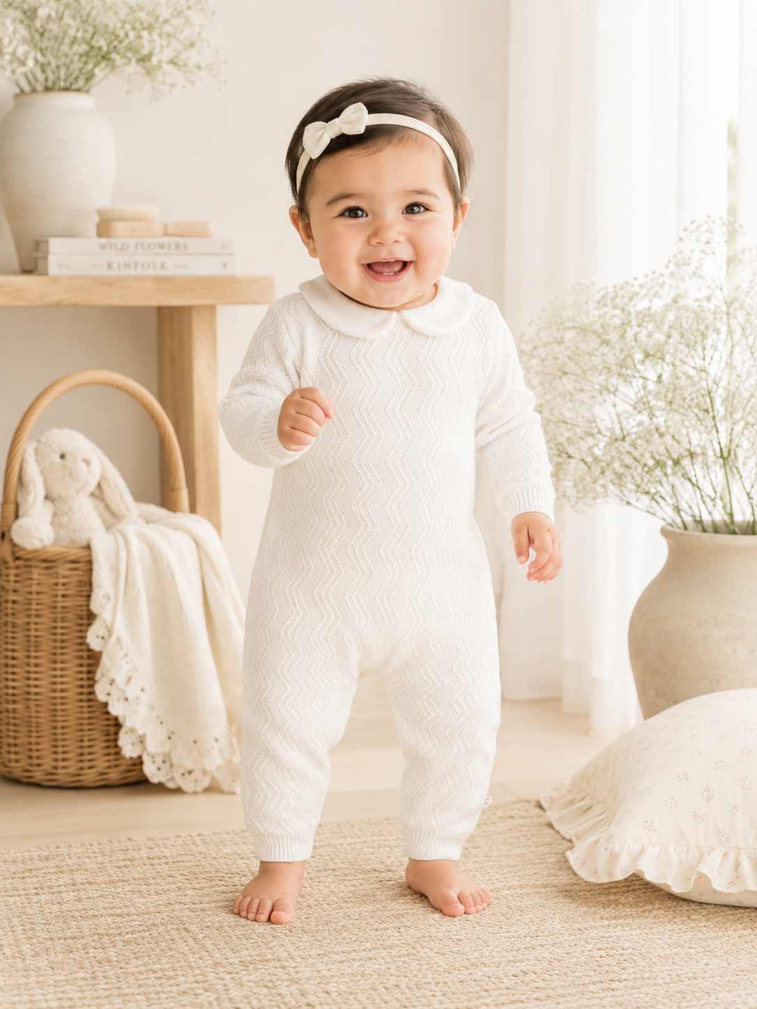 Baby wearing the Milan Dove White Peter Pan Fancy Chevron Knit Baby Jumpsuit, Organic Cotton