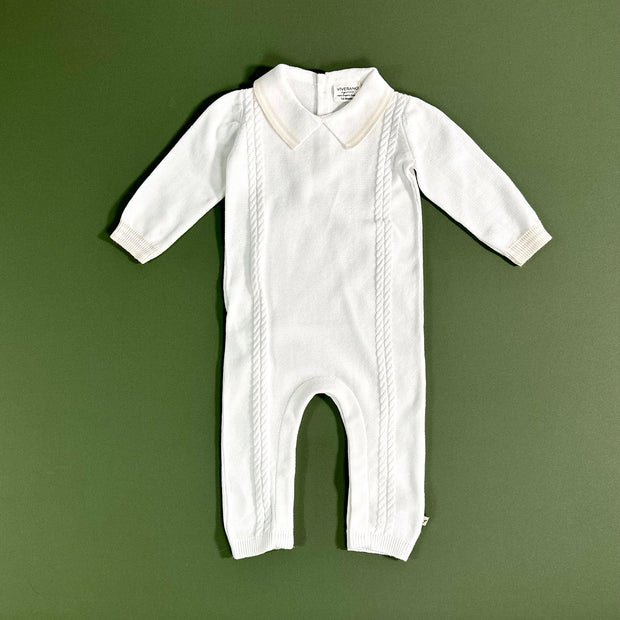 Milan Dove White Cable Knit Baby Jumpsuit (Organic Cotton) by Viverano