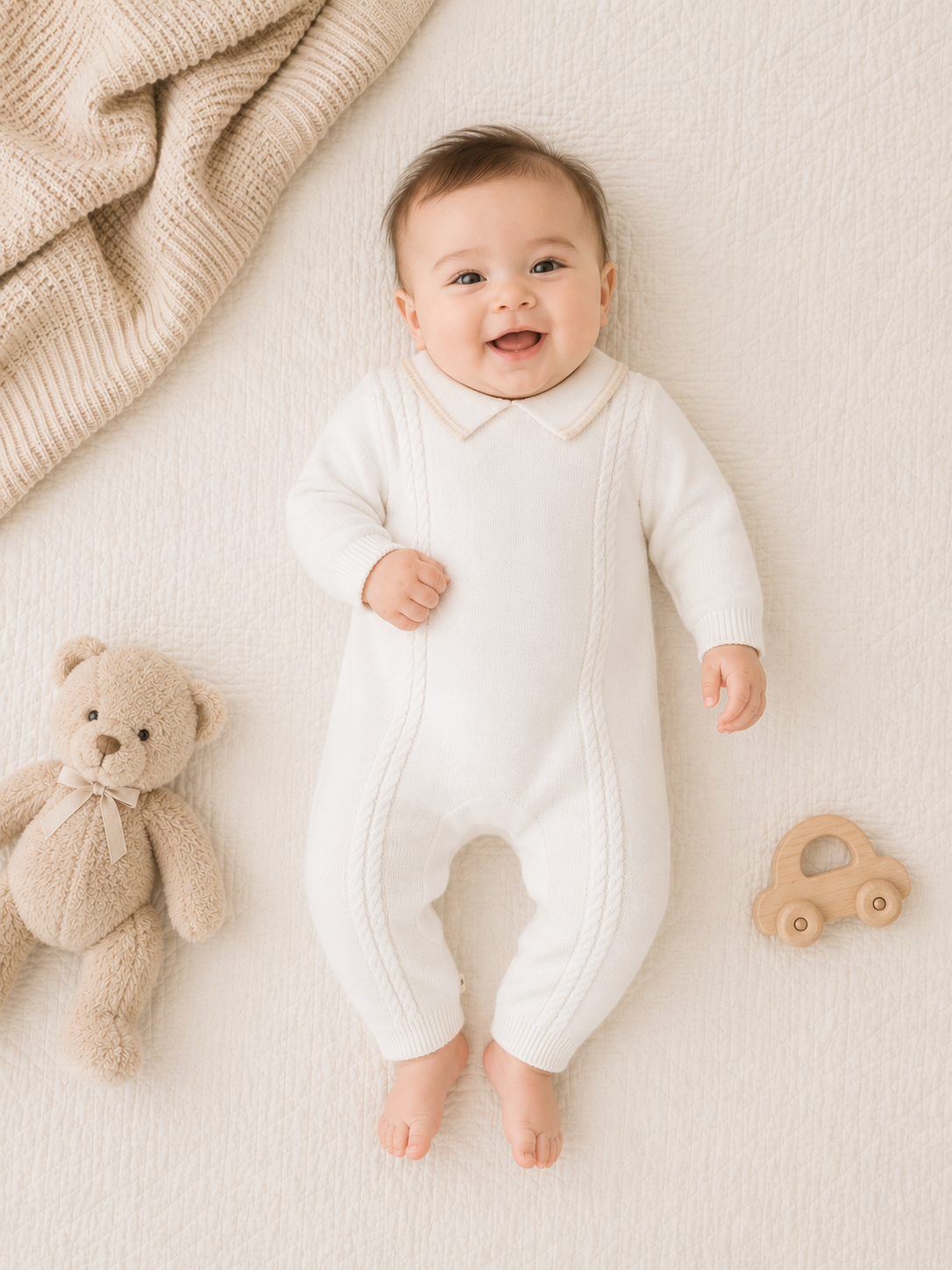 Baby Wearing Milan Dove White Cable Knit Baby Jumpsuit, Organic Cotton by Viverano