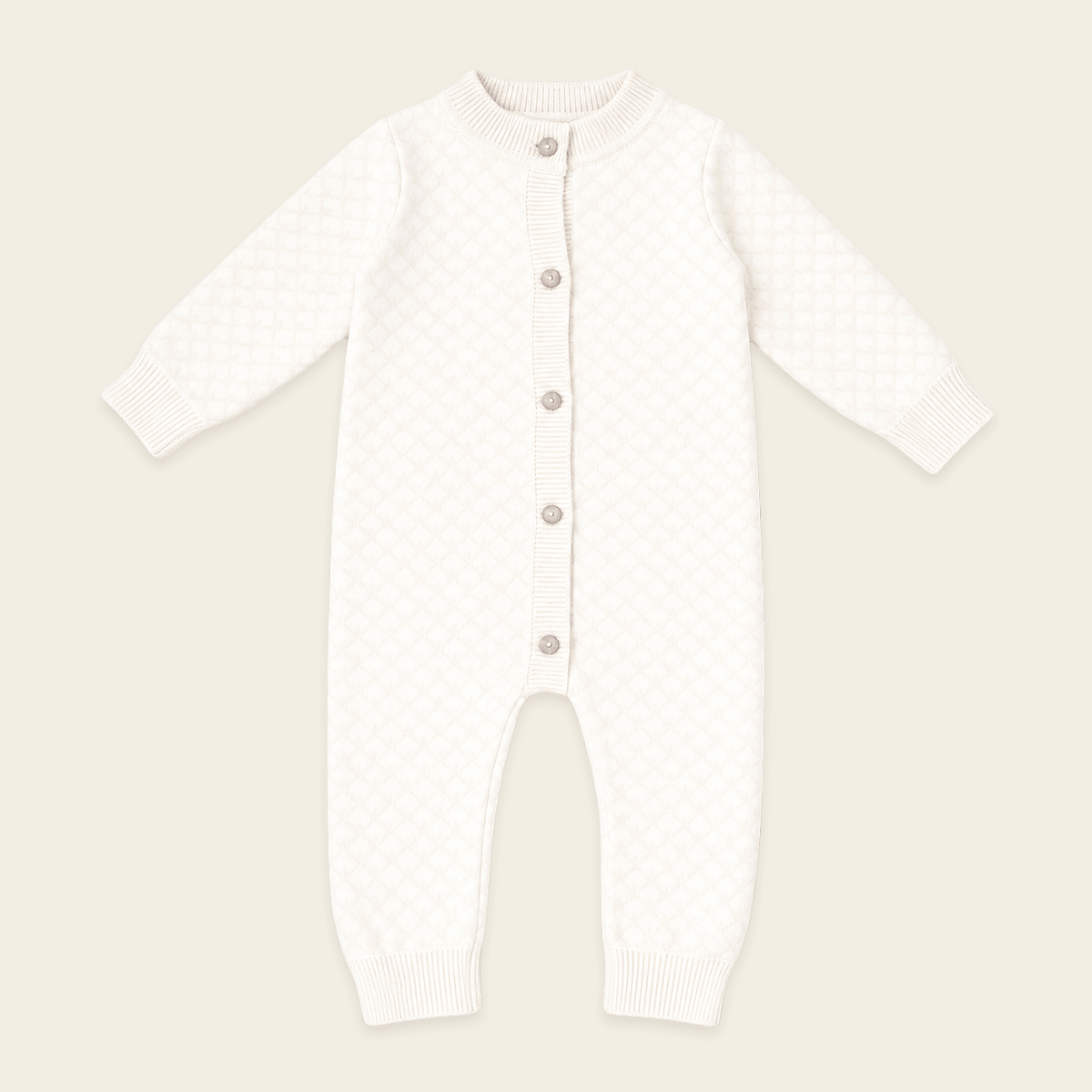 Front of Milan Dove White Lux Jacquard Knit Baby Jumpsuit andHat and Bootie 3pc SET Organic cotton