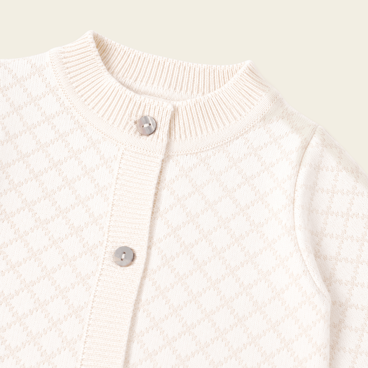detail of Milan Dove White Lux Jacquard Knit Baby Jumpsuit andHat and Bootie 3pc SET Organic cotton